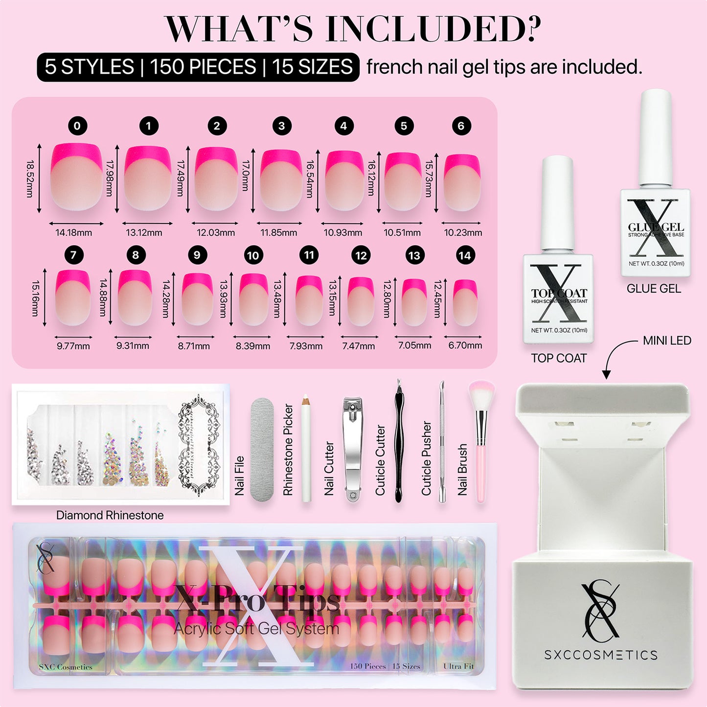 SXC Cosmetics X-Pro Tips French Tip Press On Nails - Bright Pastel Glow in the Dark Series (GLOW113KIT-XS Square)