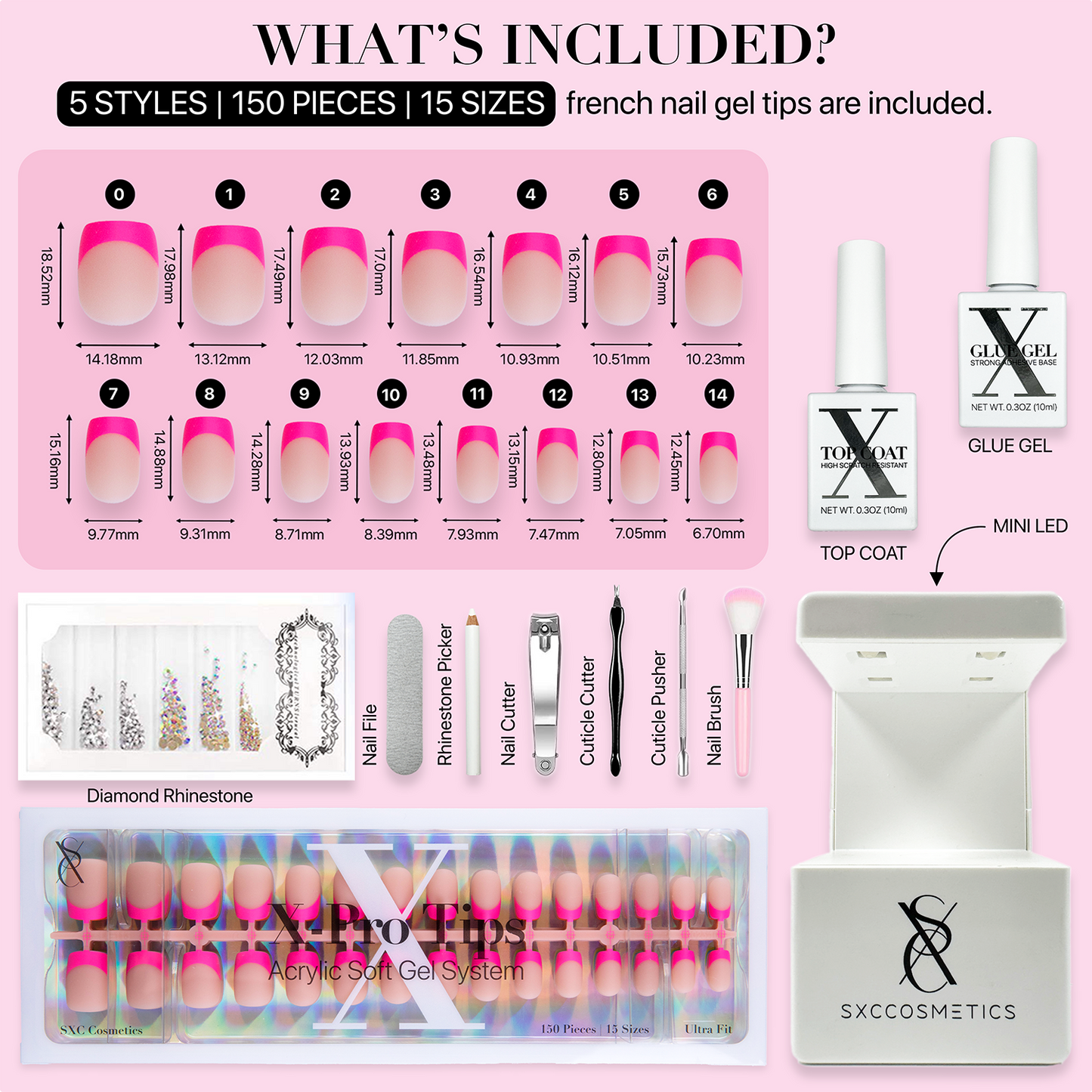 SXC Cosmetics X-Pro Tips French Tip Press On Nails - Bright Pastel Glow in the Dark Series (GLOW113KIT-XS Square)