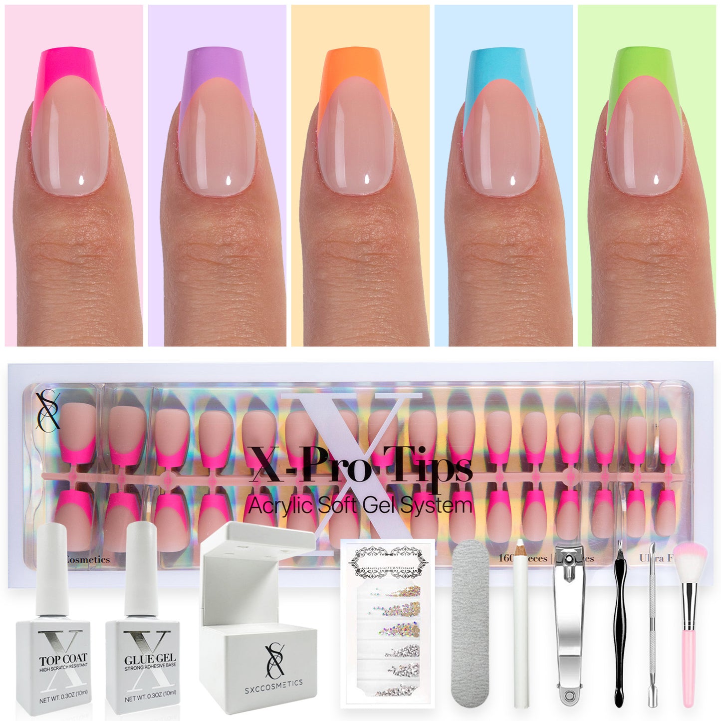 SXC Cosmetics X-Pro Tips French Tip Press On Nails - Bright Pastel Glow in the Dark Series (GLOW119KIT-S Coffin)