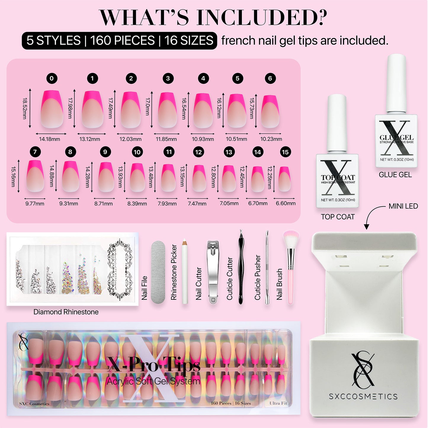 SXC Cosmetics X-Pro Tips French Tip Press On Nails - Bright Pastel Glow in the Dark Series (GLOW119KIT-S Coffin)