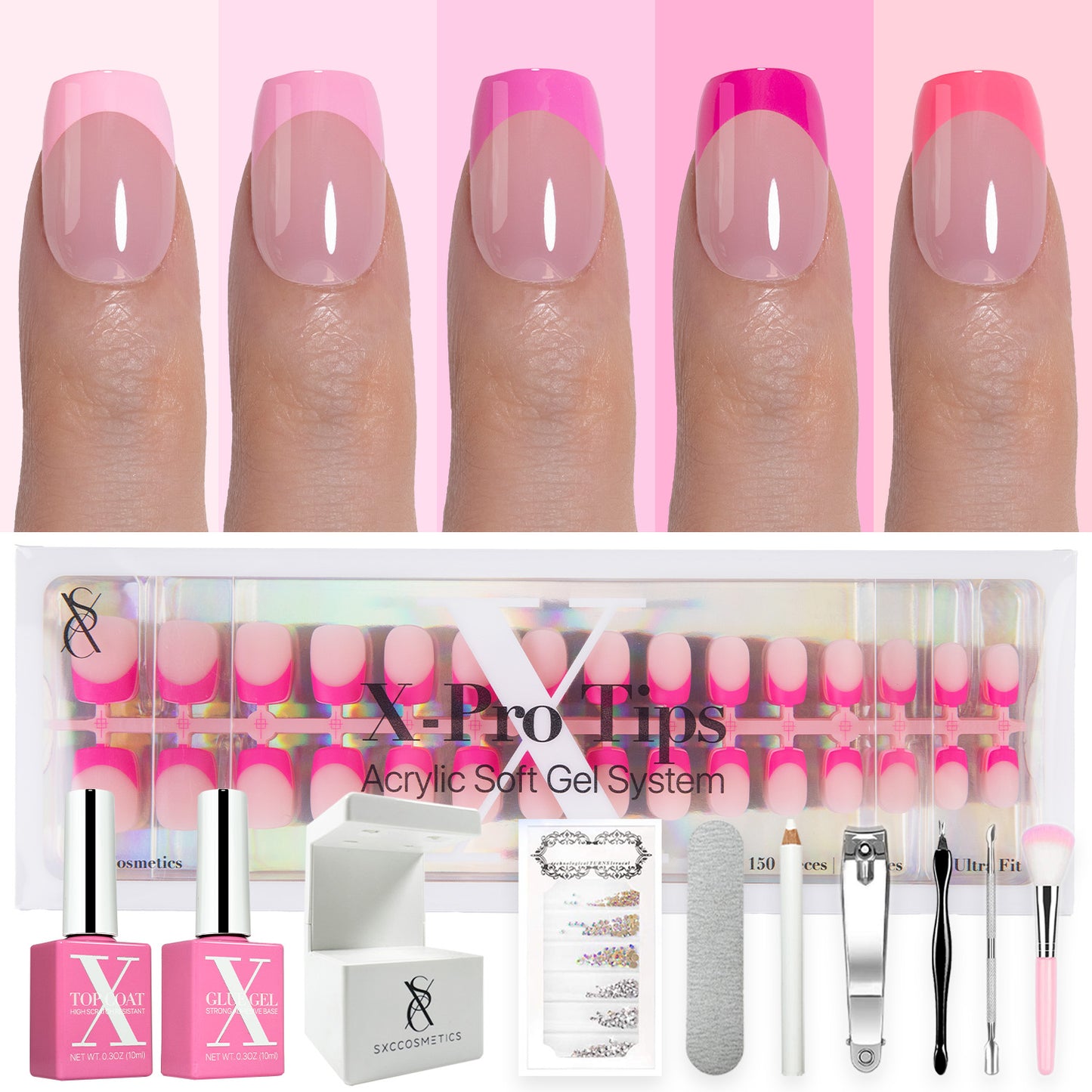 SXC Cosmetics X-Pro Tips French Tip Press on Nails – French Pink Edition, XS Square Starter Kit