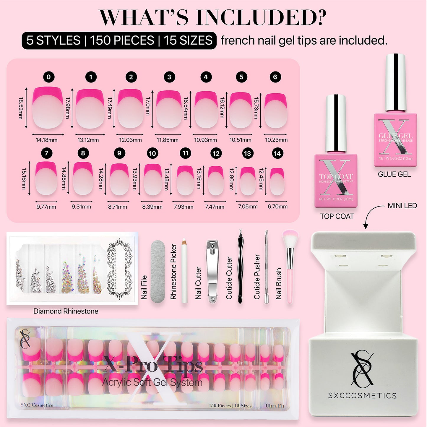 SXC Cosmetics X-Pro Tips French Tip Press on Nails – French Pink Edition, XS Square Starter Kit