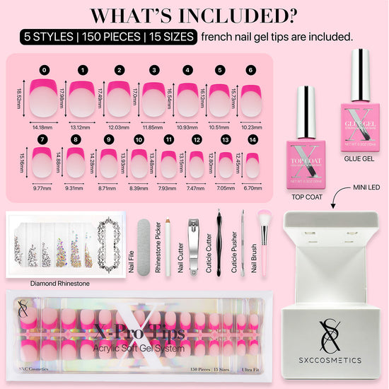 SXC Cosmetics X-Pro Tips French Tip Press on Nails – French Pink Edition, XS Square Starter Kit