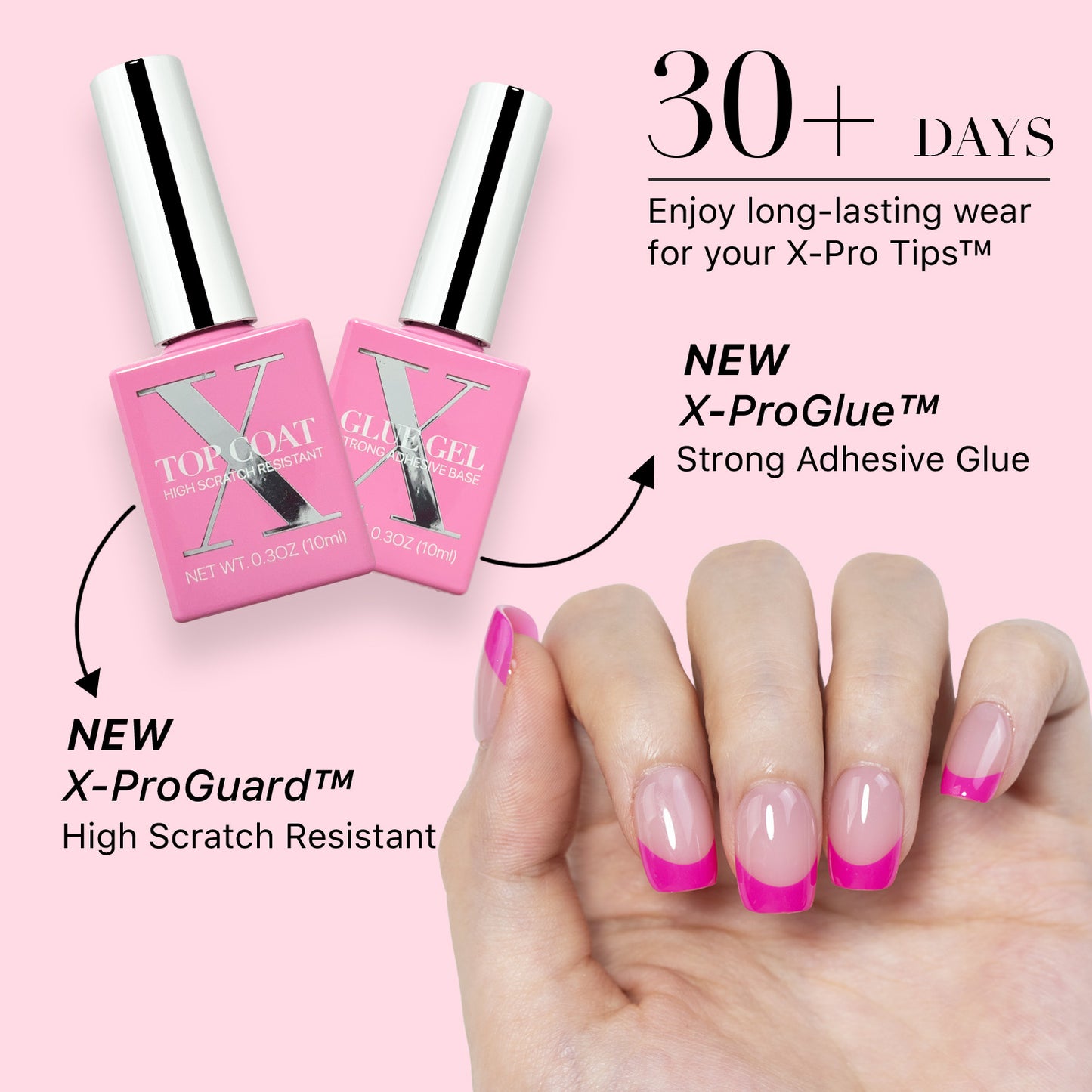 SXC Cosmetics X-Pro Tips French Tip Press on Nails – French Pink Edition, XS Square Starter Kit