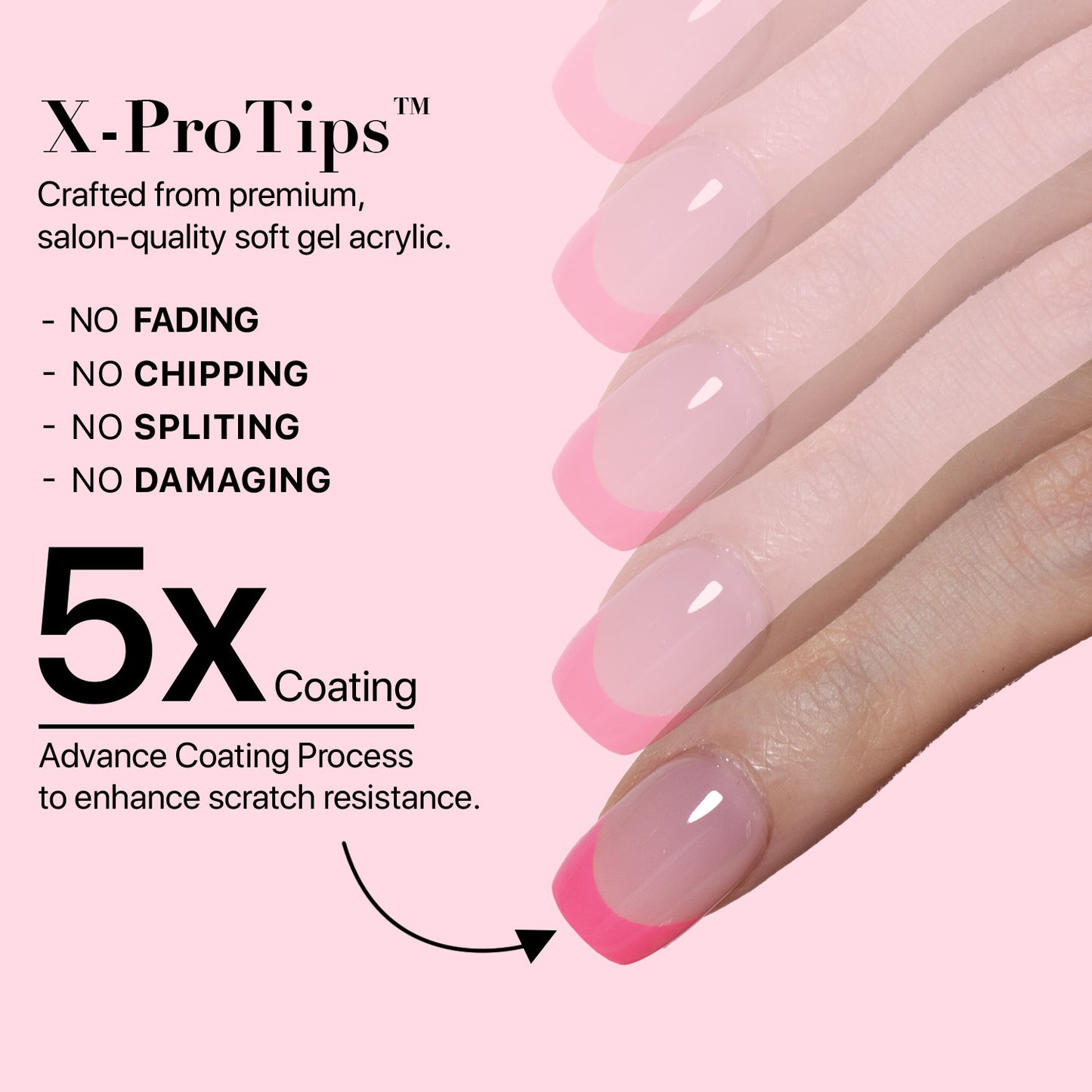 SXC Cosmetics X-Pro Tips French Tip Press on Nails – French Pink Edition, XS Square Starter Kit