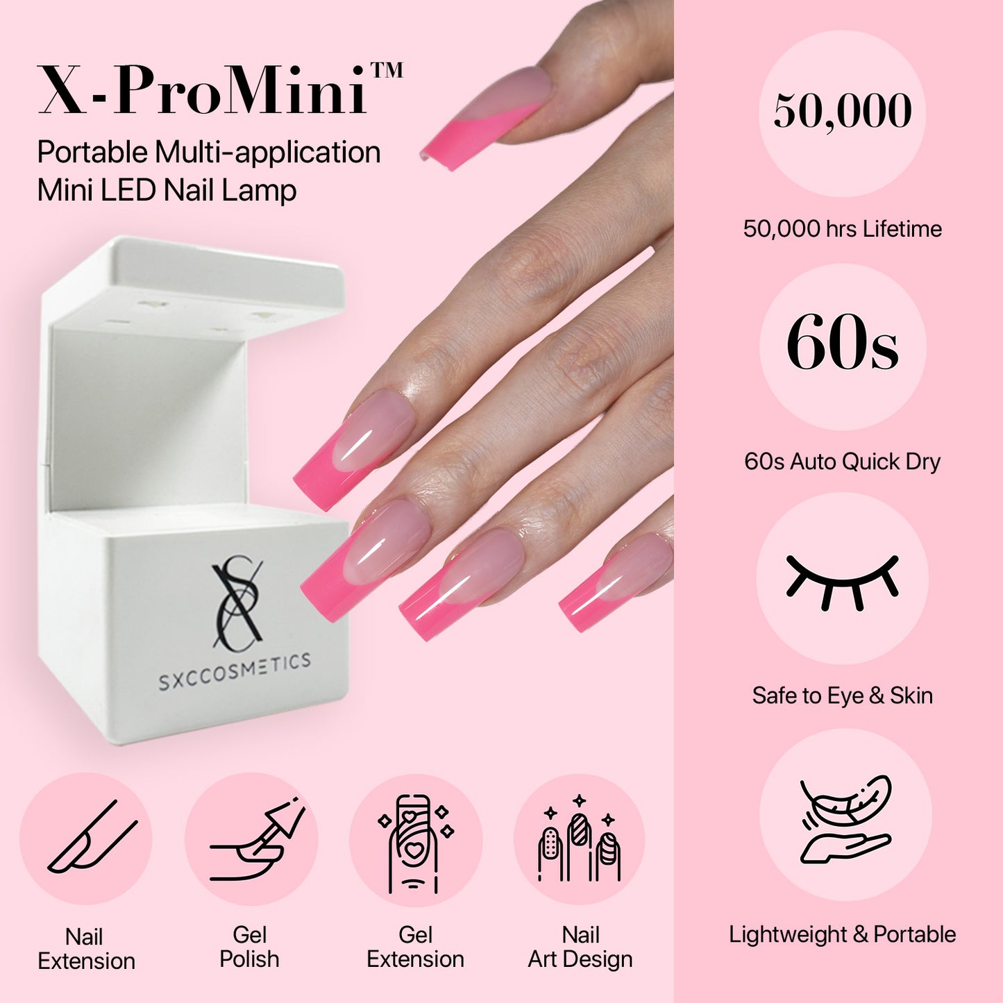 SXC Cosmetics X-Pro Tips French Tip Press on Nails – French Pink Edition, XS Square Starter Kit