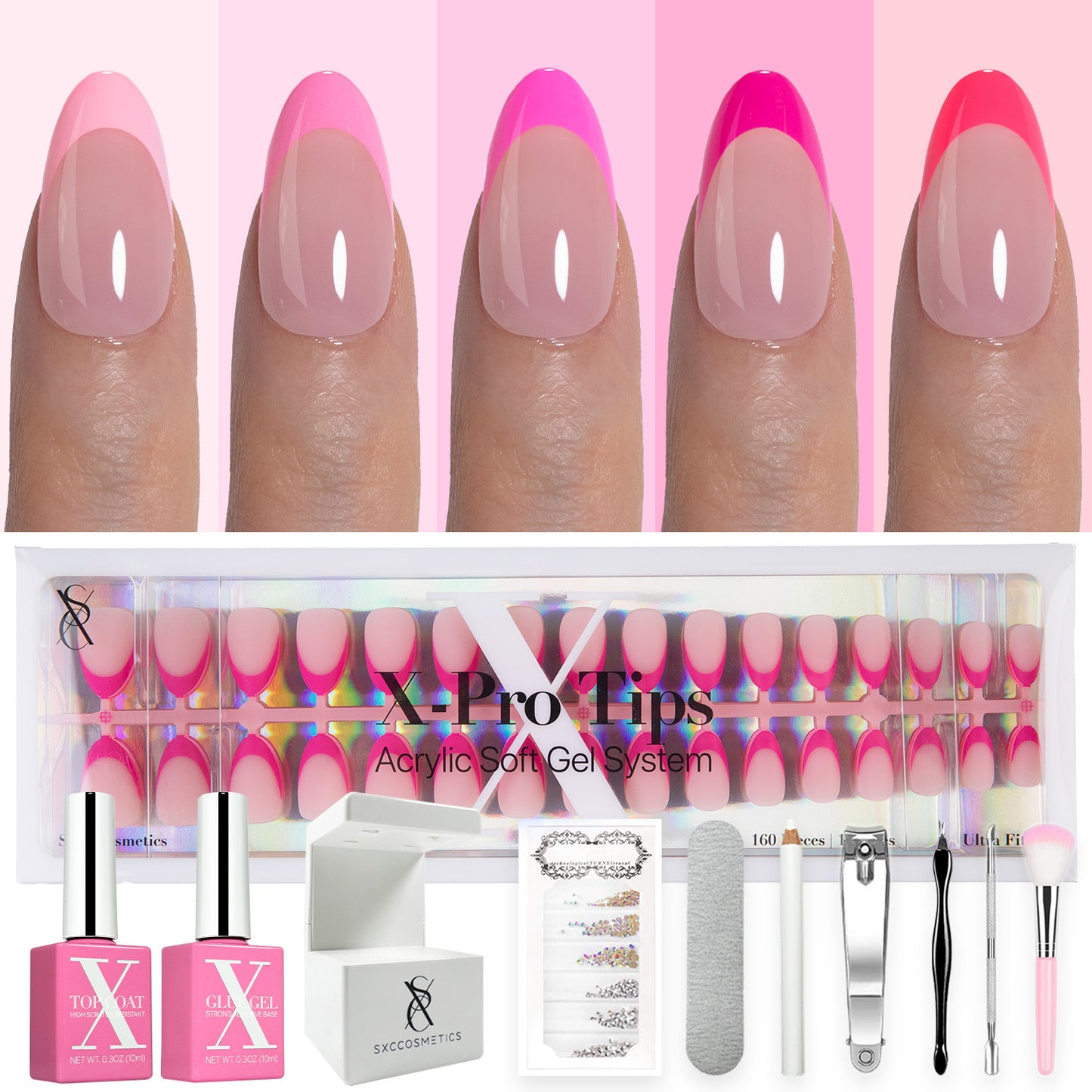 SXC Cosmetics X-Pro Tips French Tip Press on Nails – French Pink Edition, Short Almond Starter Kit