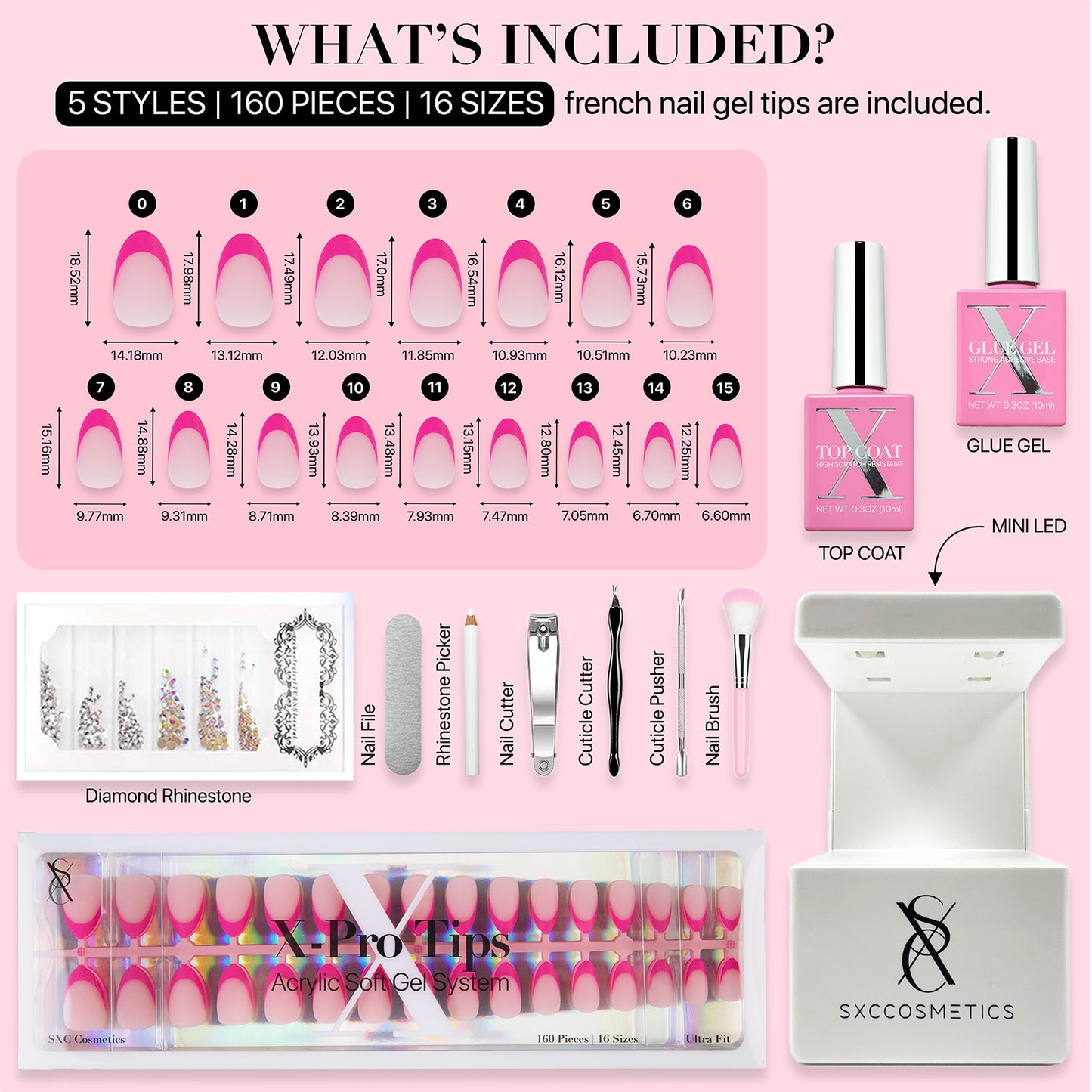 SXC Cosmetics X-Pro Tips French Tip Press on Nails – French Pink Edition, Short Almond Starter Kit