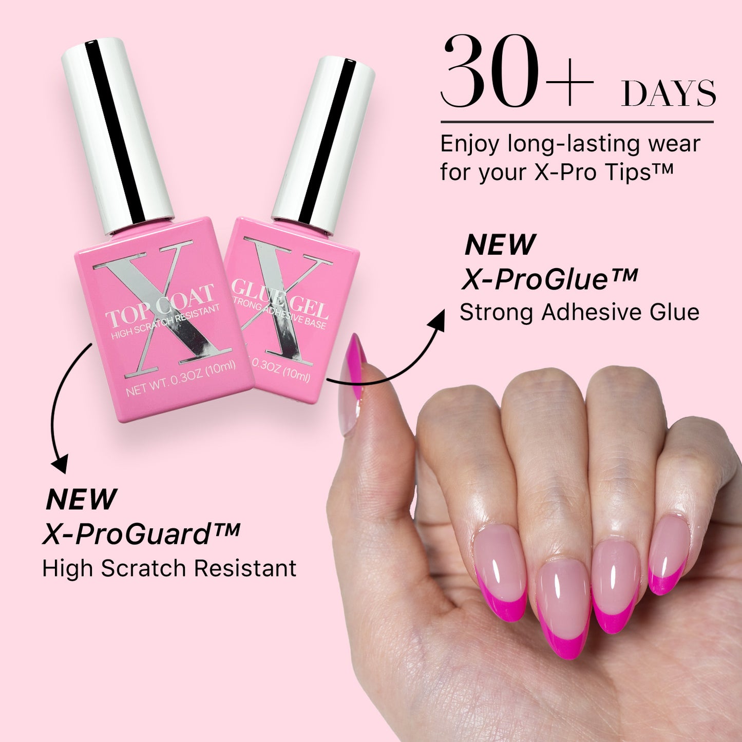 SXC Cosmetics X-Pro Tips French Tip Press on Nails – French Pink Edition, Short Almond Starter Kit