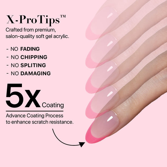 SXC Cosmetics X-Pro Tips French Tip Press on Nails – French Pink Edition, Short Almond Starter Kit