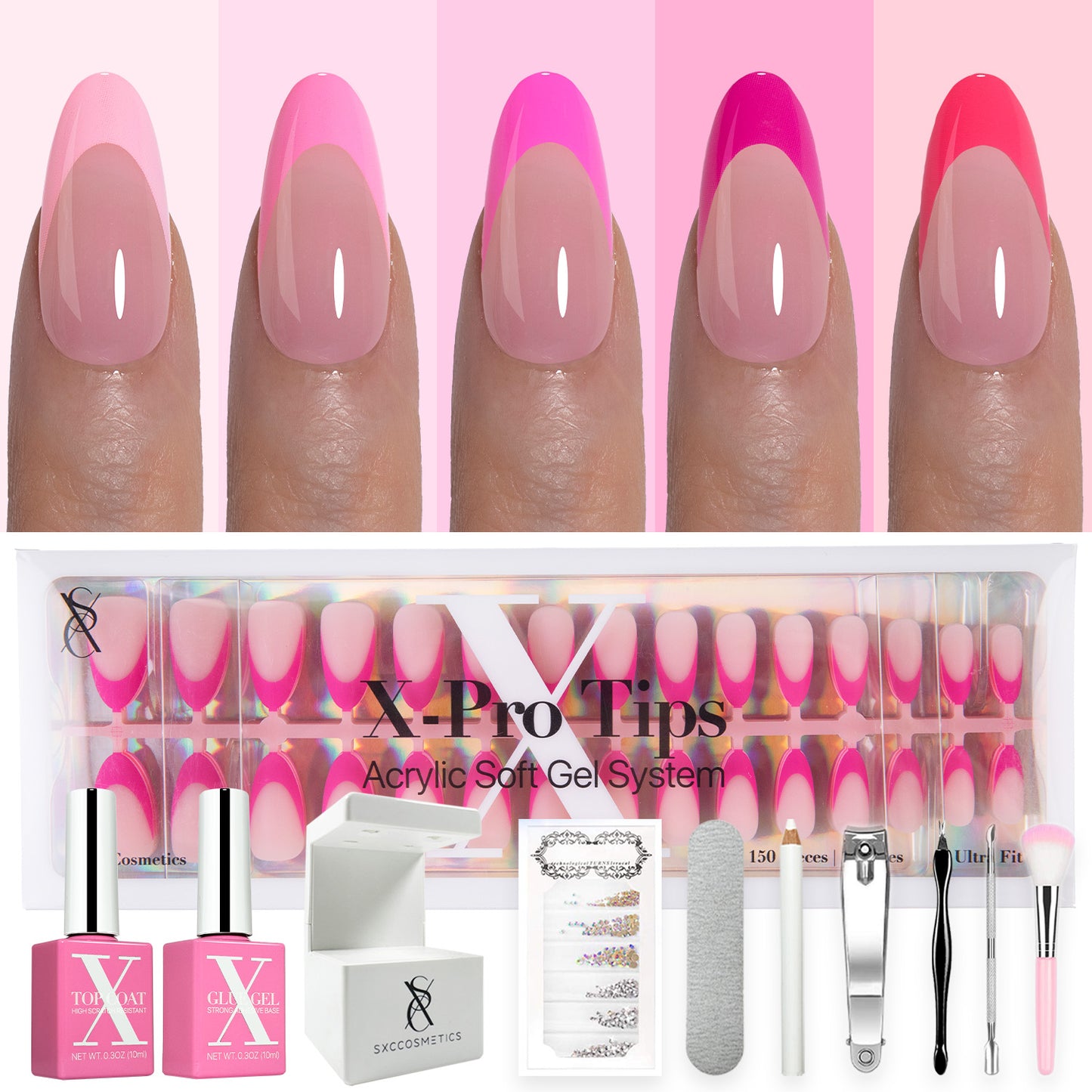 SXC Cosmetics X-Pro Tips French Tip Press on Nails – French Pink Edition, Medium Almond Starter Kit
