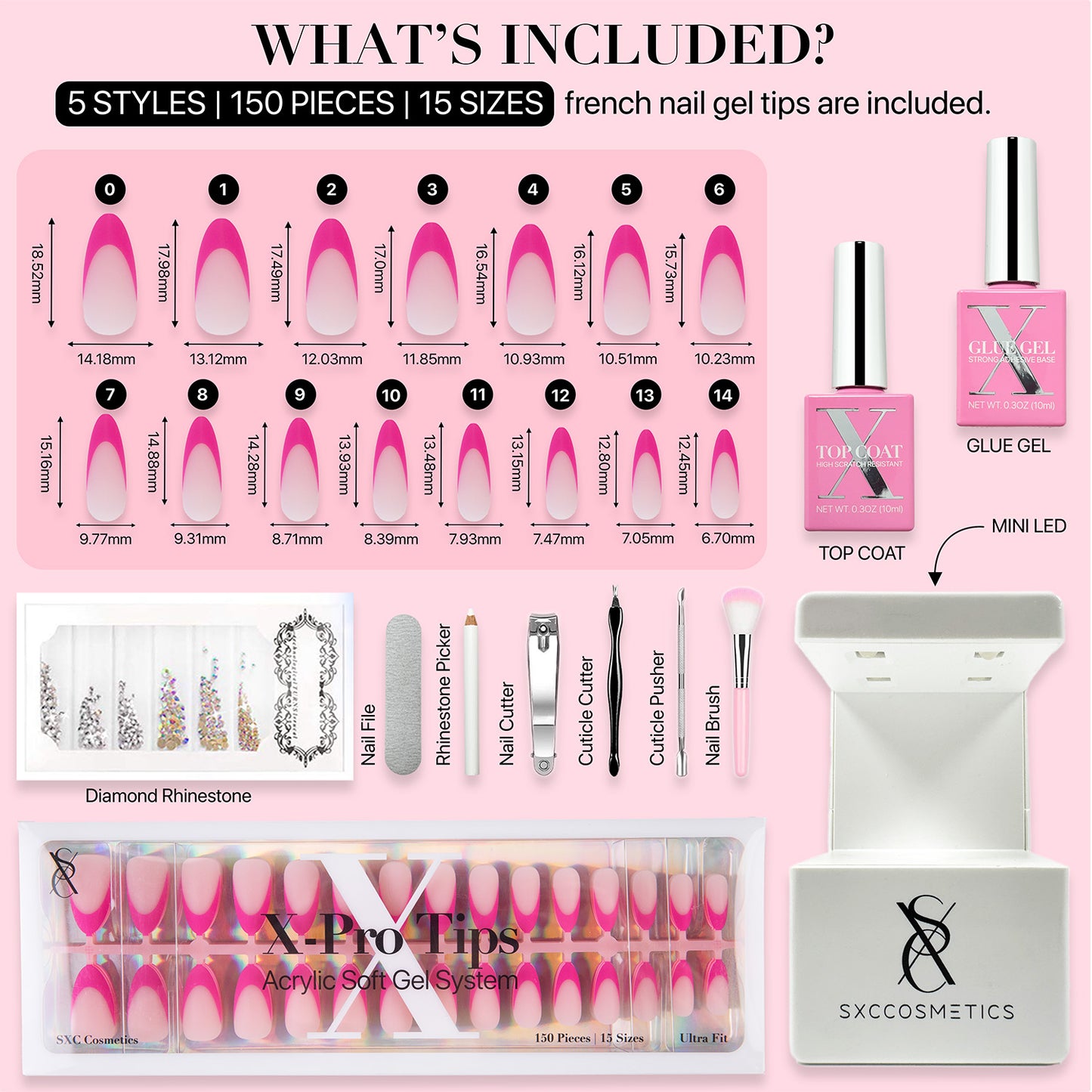 SXC Cosmetics X-Pro Tips French Tip Press on Nails – French Pink Edition, Medium Almond Starter Kit