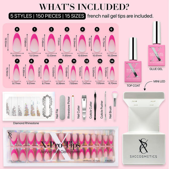 SXC Cosmetics X-Pro Tips French Tip Press on Nails – French Pink Edition, Medium Almond Starter Kit