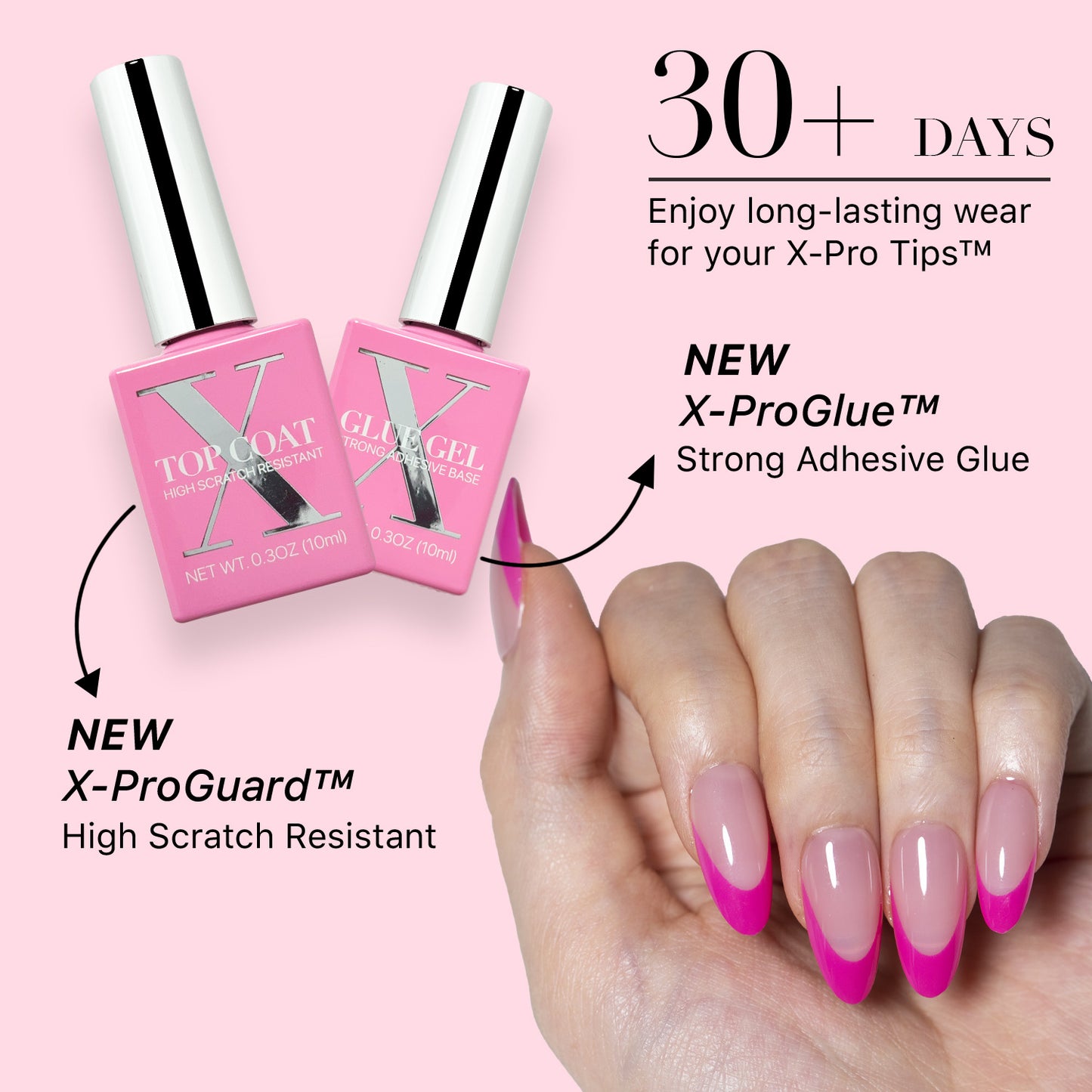 SXC Cosmetics X-Pro Tips French Tip Press on Nails – French Pink Edition, Medium Almond Starter Kit