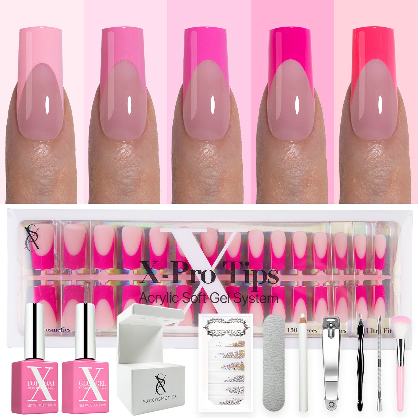 SXC Cosmetics X-Pro Tips French Tip Press on Nails – French Pink Edition, Medium Square Starter Kit