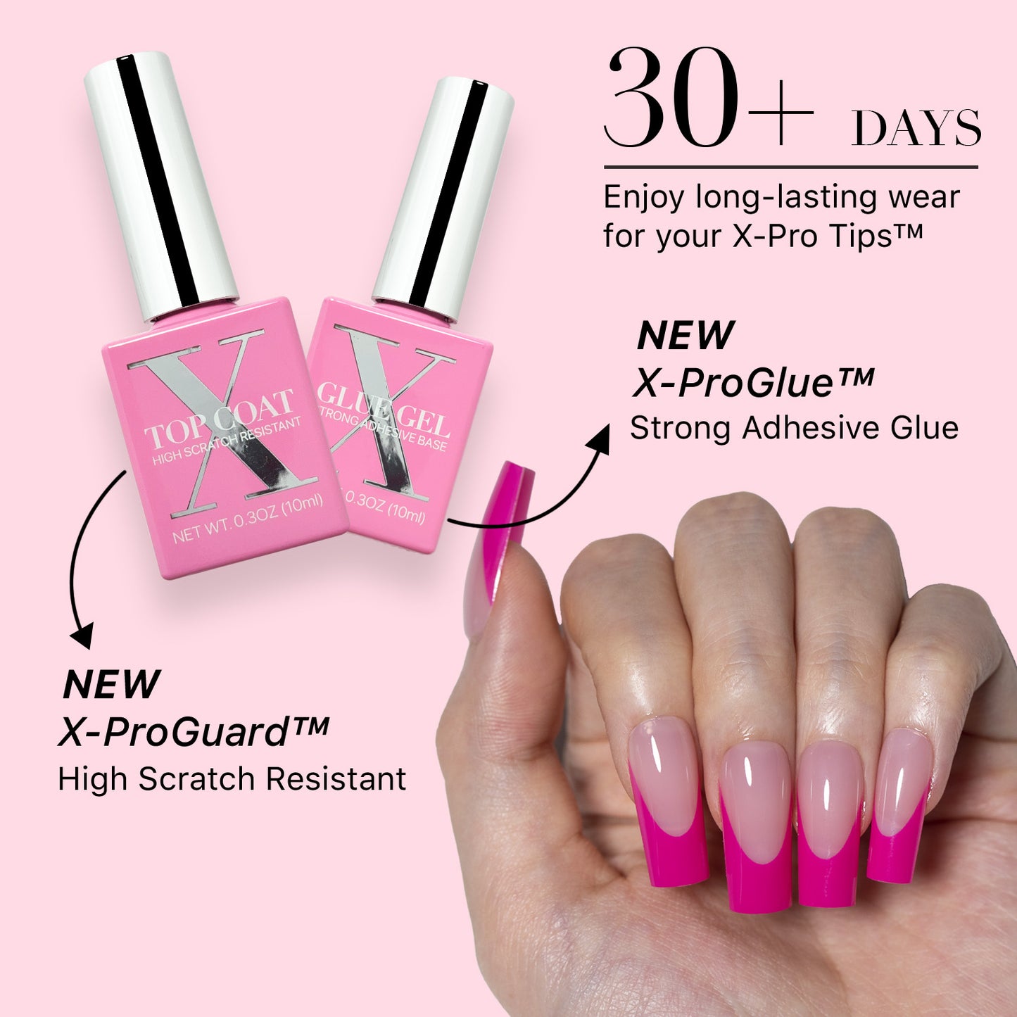 SXC Cosmetics X-Pro Tips French Tip Press on Nails – French Pink Edition, Medium Square Starter Kit
