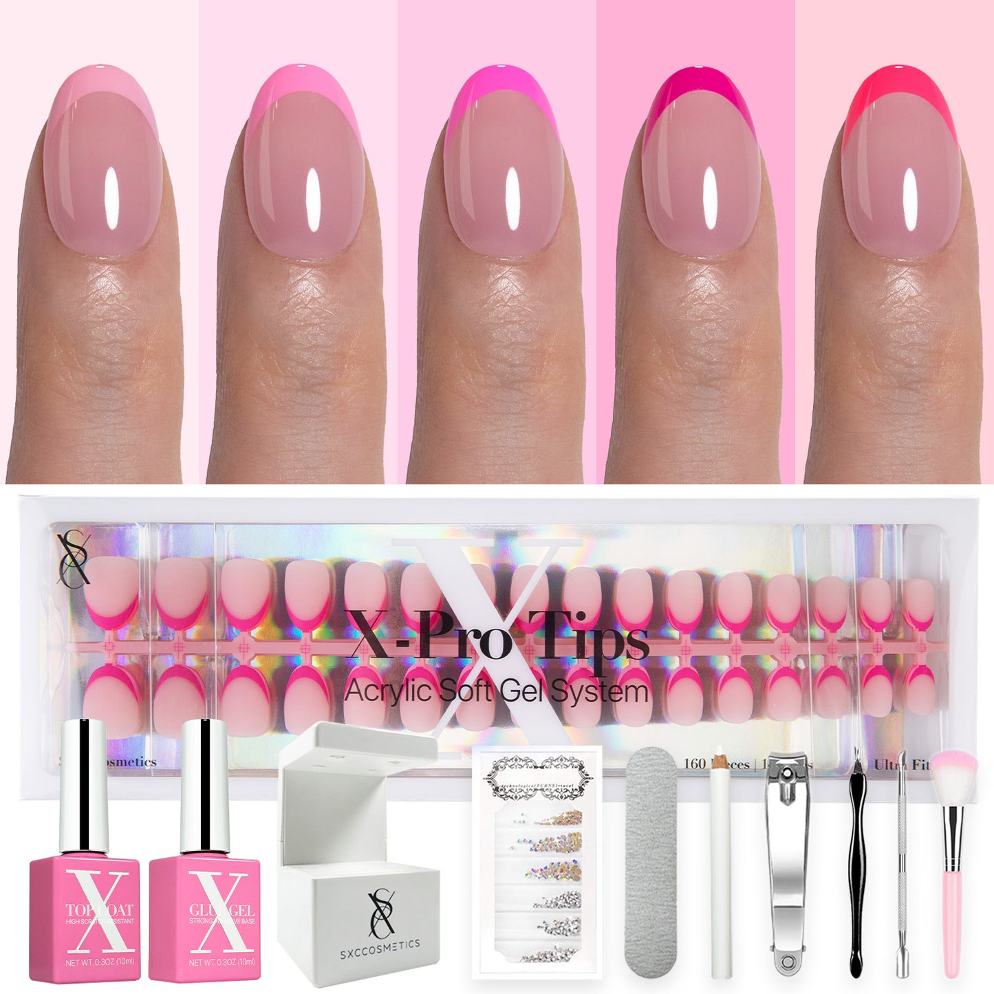 SXC Cosmetics X-Pro Tips French Tip Press on Nails – French Pink Edition, XS Almond Starter Kit