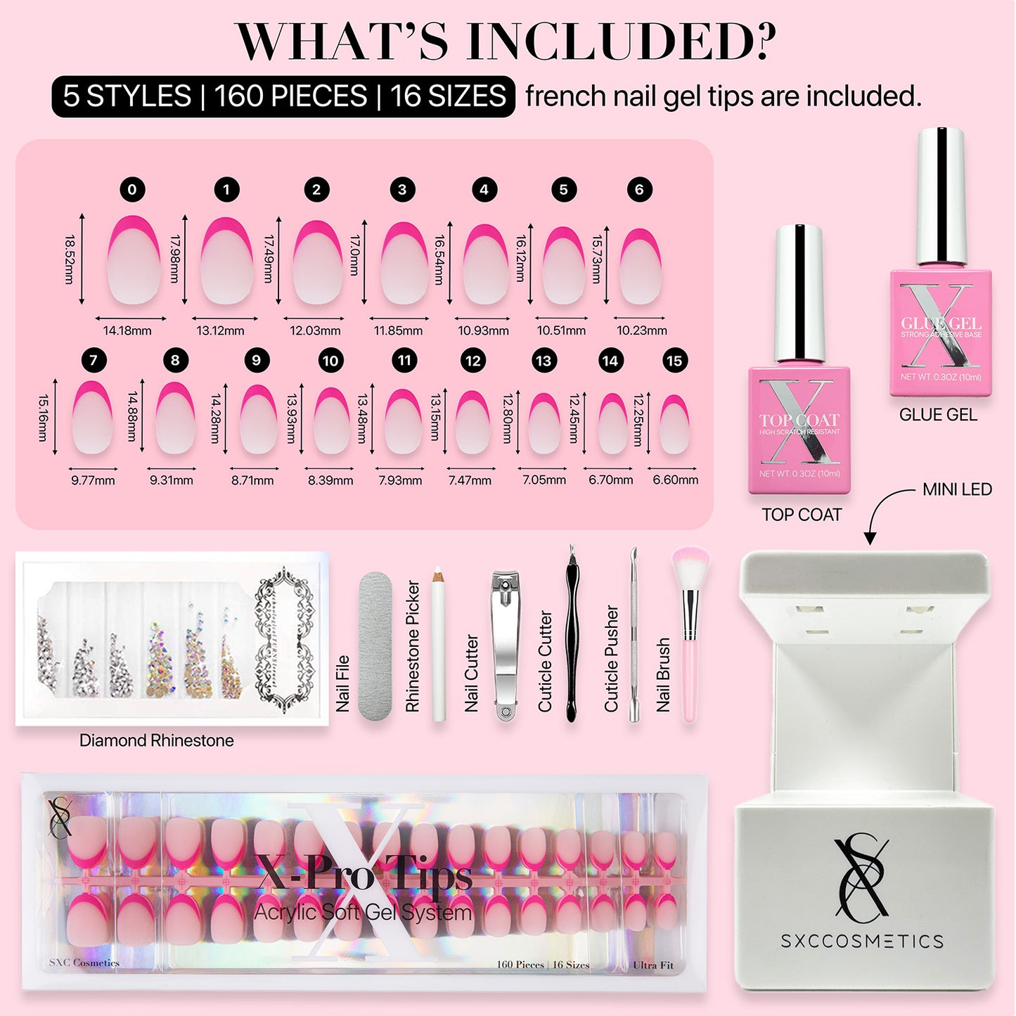 SXC Cosmetics X-Pro Tips French Tip Press on Nails – French Pink Edition, XS Almond Starter Kit