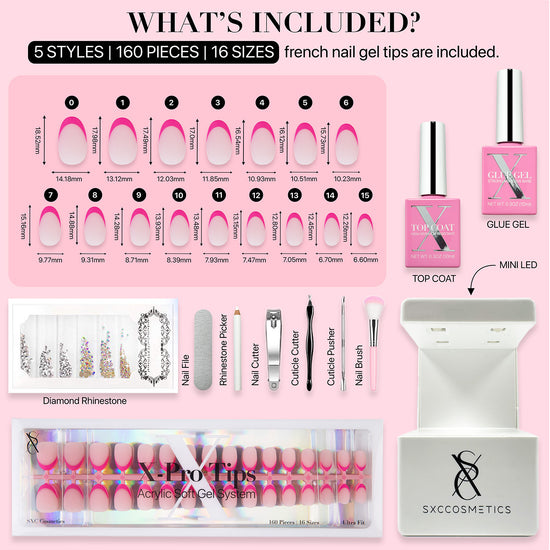 SXC Cosmetics X-Pro Tips French Tip Press on Nails – French Pink Edition, XS Almond Starter Kit