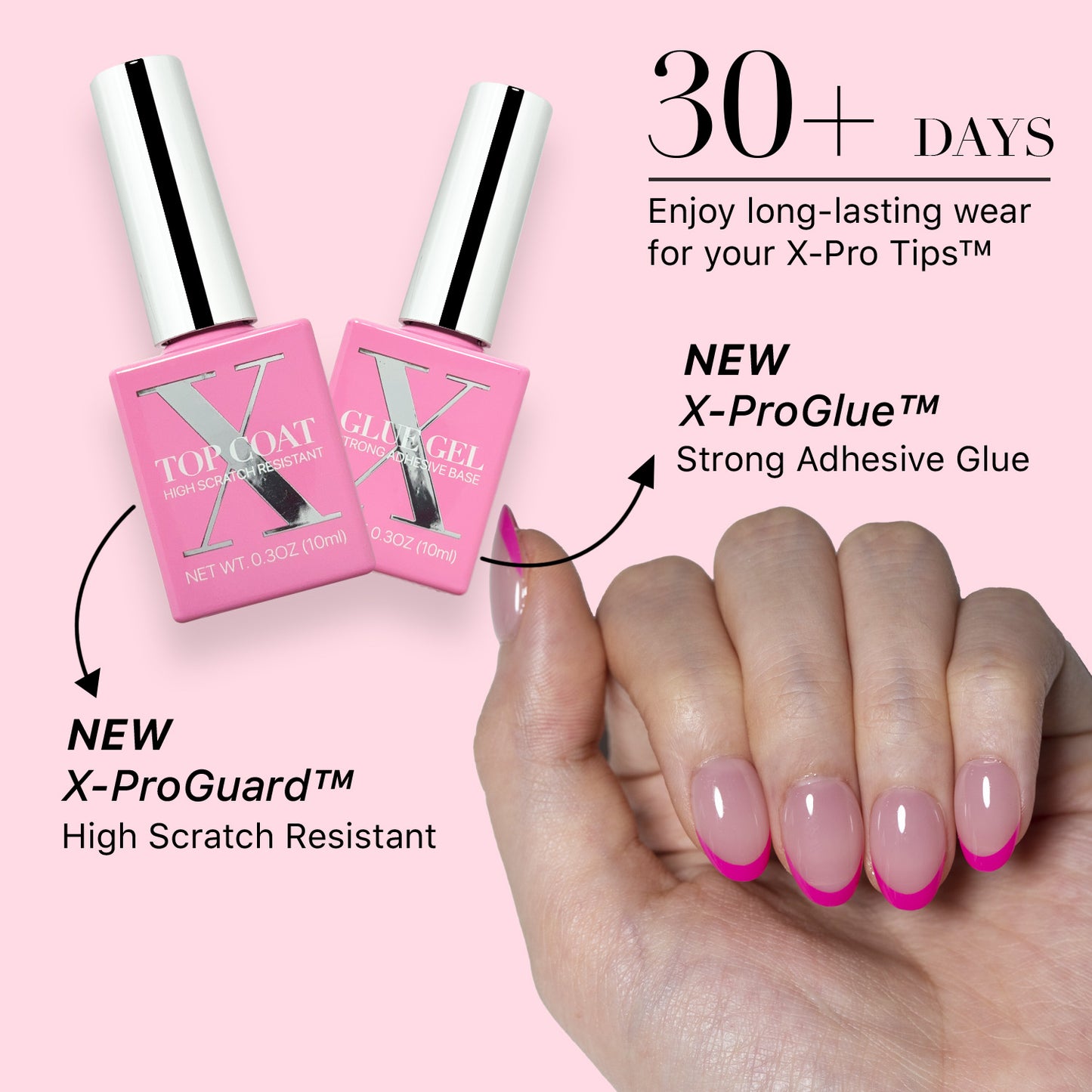 SXC Cosmetics X-Pro Tips French Tip Press on Nails – French Pink Edition, XS Almond Starter Kit