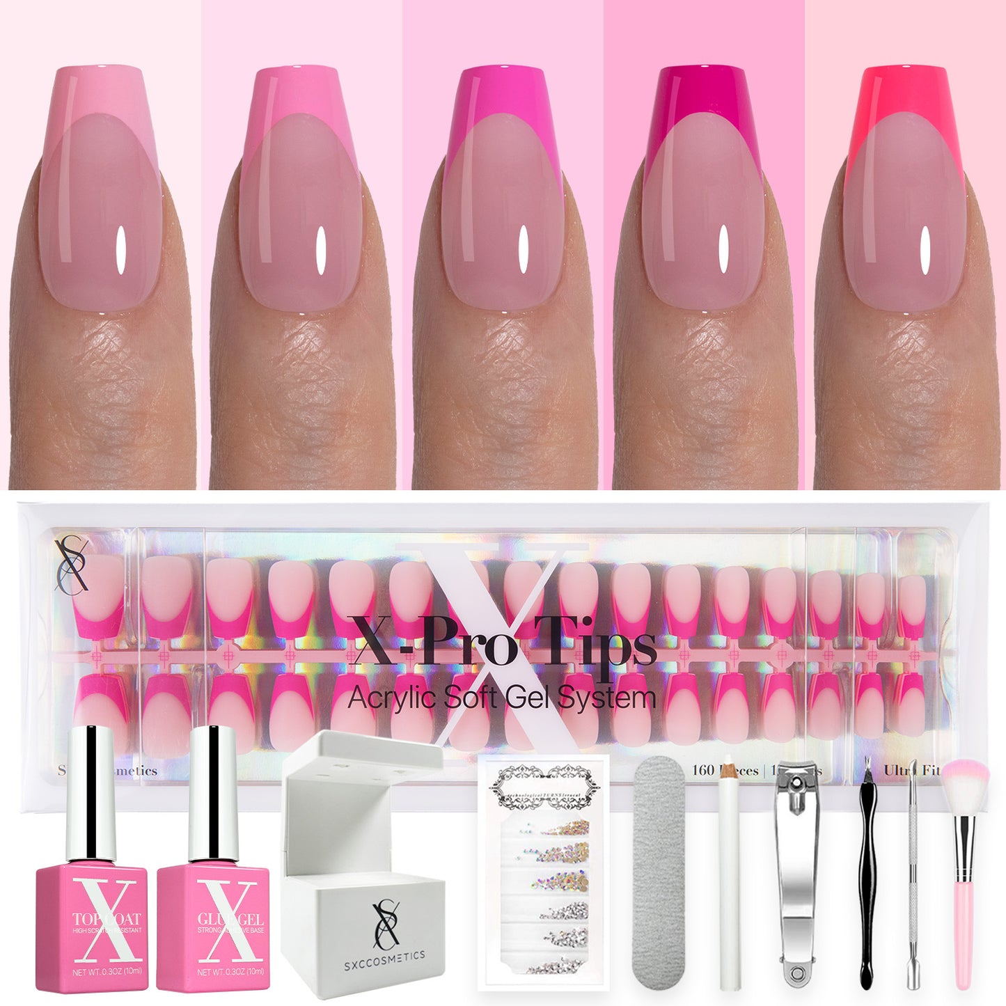 SXC Cosmetics X-Pro Tips French Tip Press on Nails – French Pink Edition, Short Coffin Starter Kit