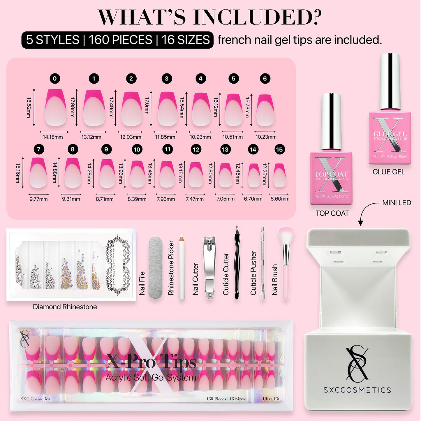 SXC Cosmetics X-Pro Tips French Tip Press on Nails – French Pink Edition, Short Coffin Starter Kit