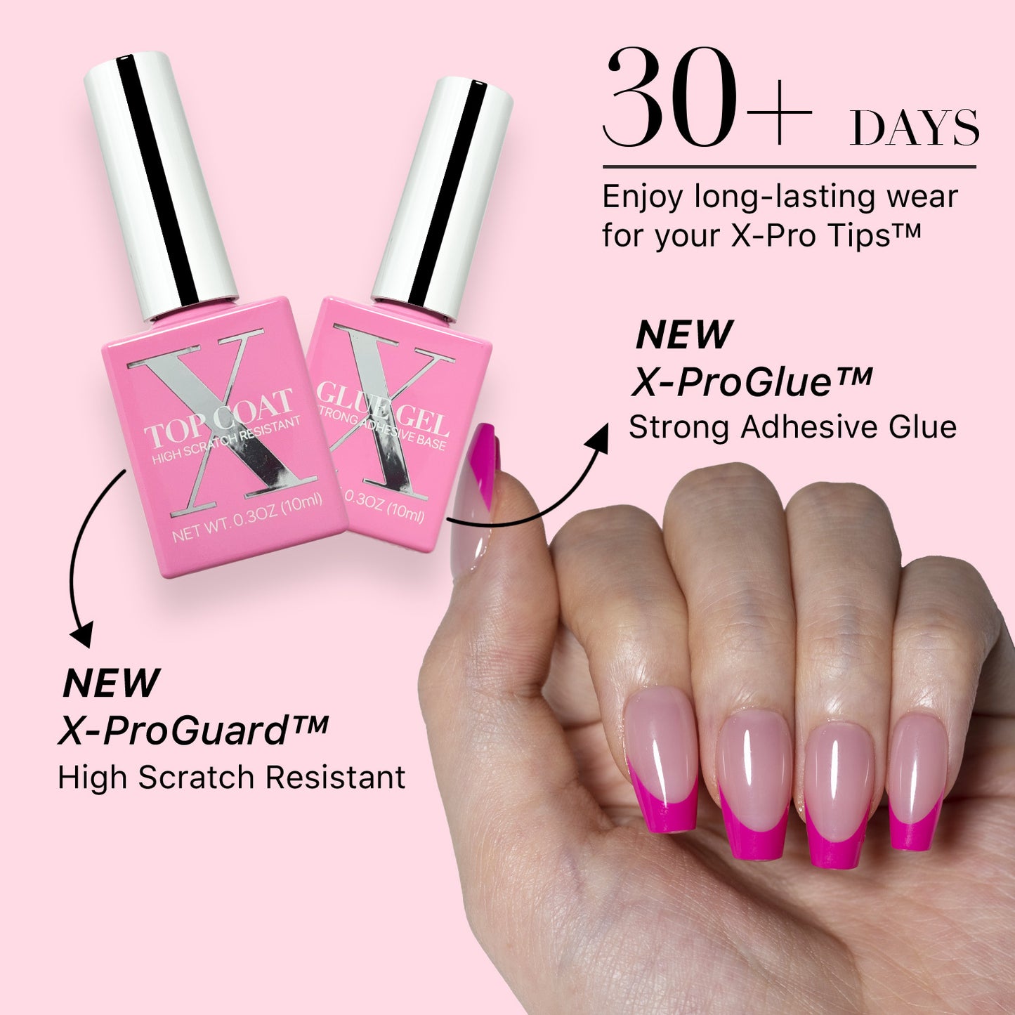 SXC Cosmetics X-Pro Tips French Tip Press on Nails – French Pink Edition, Short Coffin Starter Kit