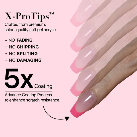 SXC Cosmetics X-Pro Tips French Tip Press on Nails – French Pink Edition, Short Coffin Starter Kit
