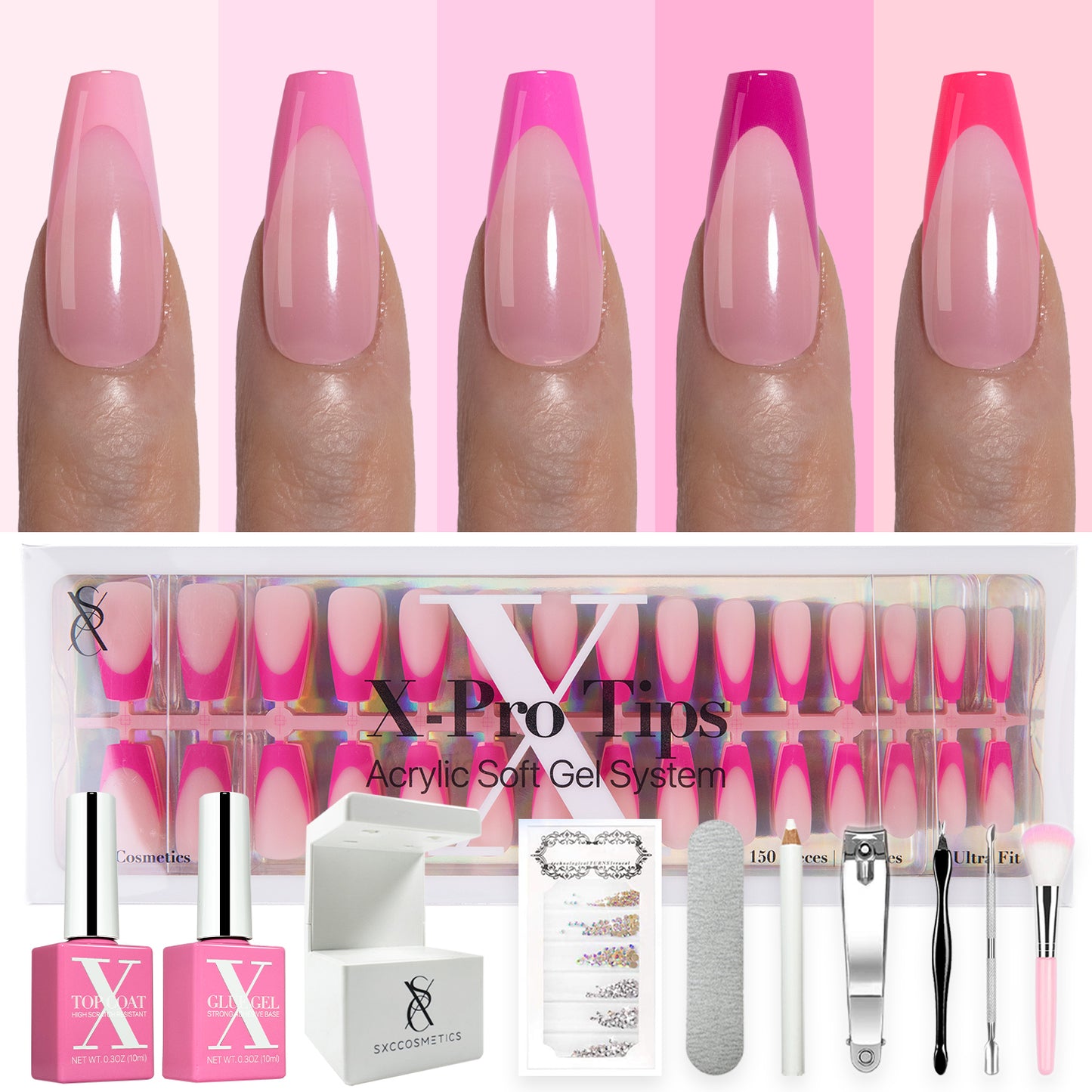 SXC Cosmetics X-Pro Tips French Tip Press on Nails – French Pink Edition, Medium Coffin Starter Kit