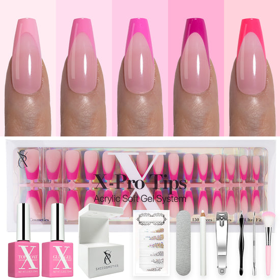 SXC Cosmetics X-Pro Tips French Tip Press on Nails – French Pink Edition, Medium Coffin Starter Kit
