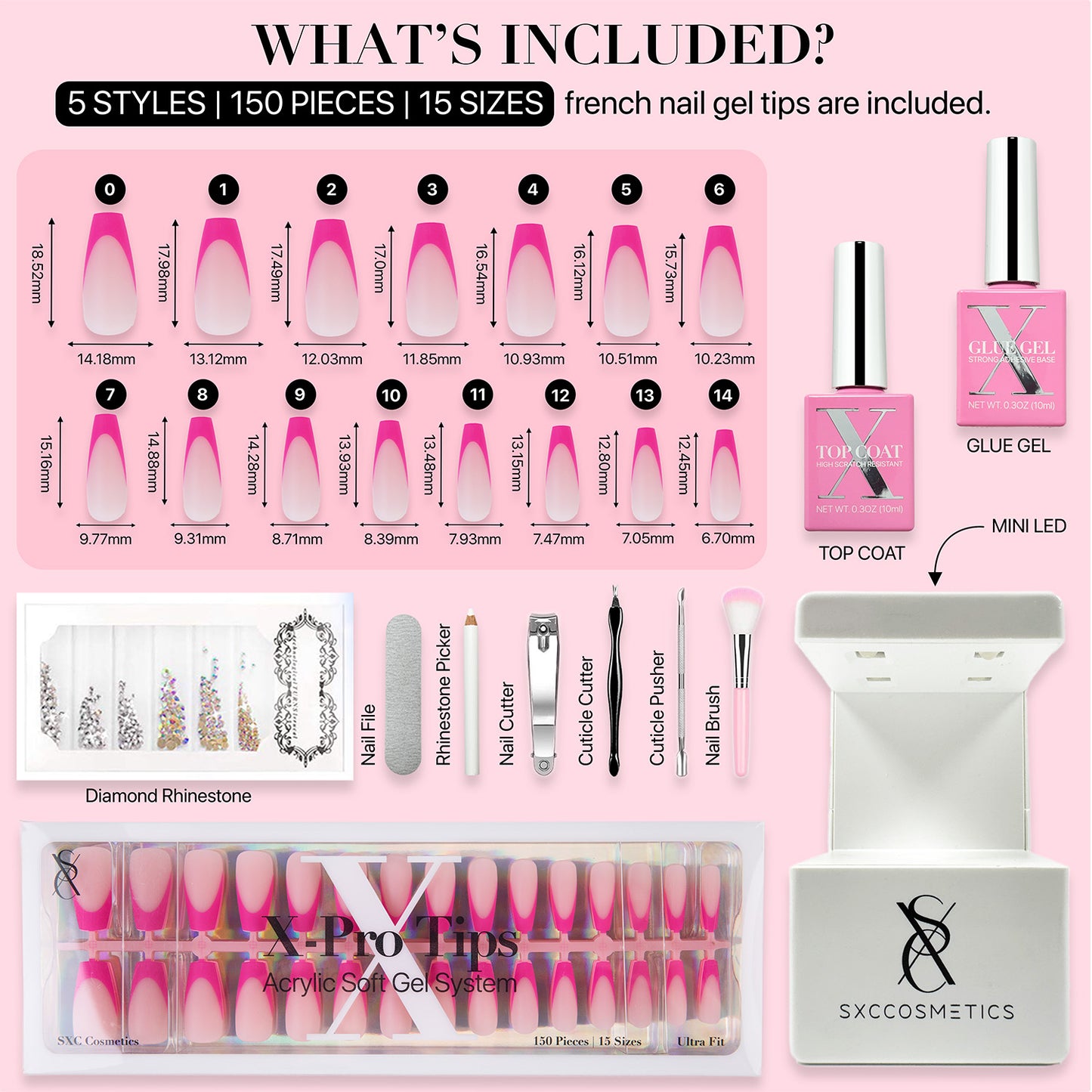 SXC Cosmetics X-Pro Tips French Tip Press on Nails – French Pink Edition, Medium Coffin Starter Kit