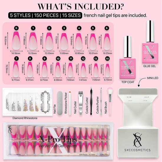 SXC Cosmetics X-Pro Tips French Tip Press on Nails – French Pink Edition, Medium Coffin Starter Kit