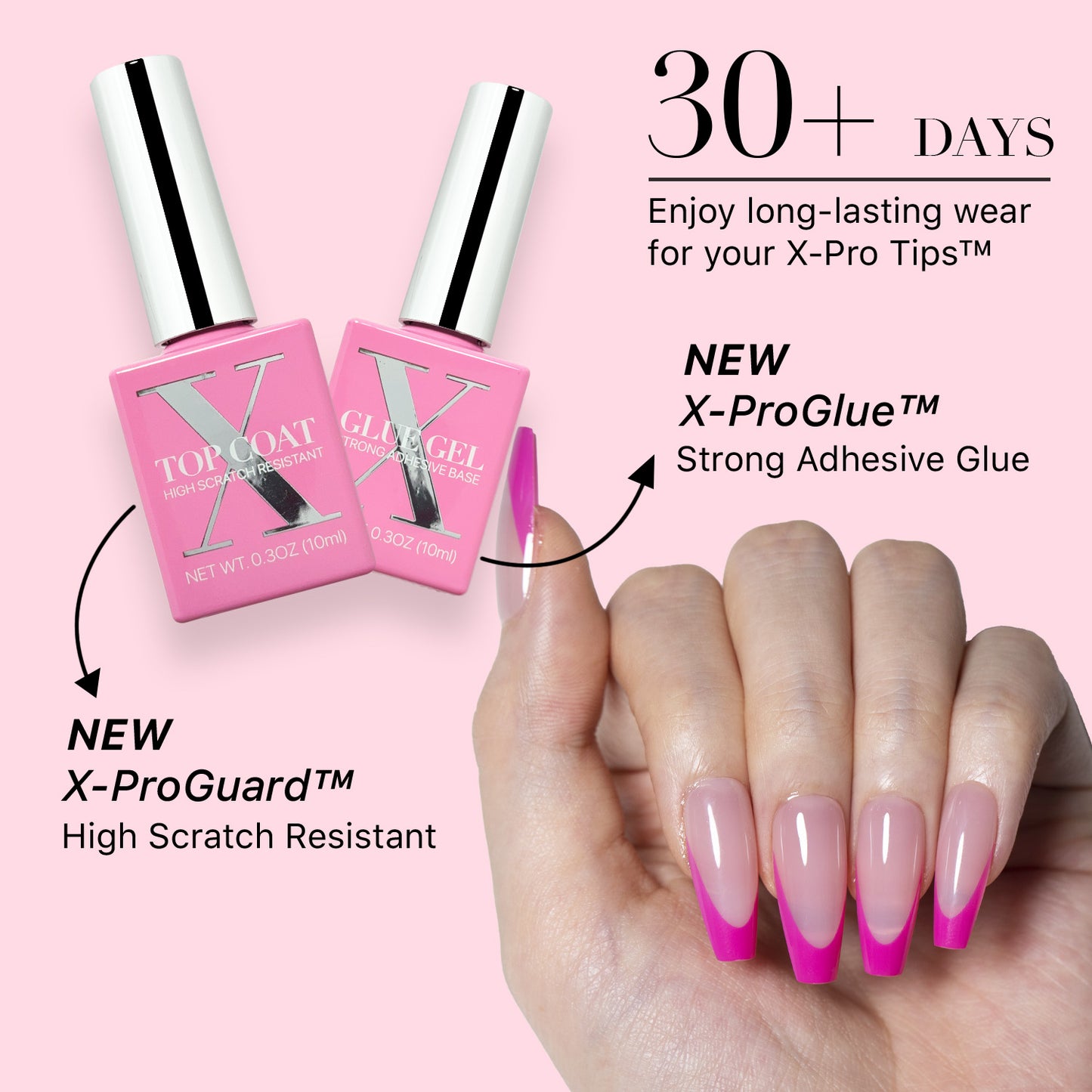 SXC Cosmetics X-Pro Tips French Tip Press on Nails – French Pink Edition, Medium Coffin Starter Kit