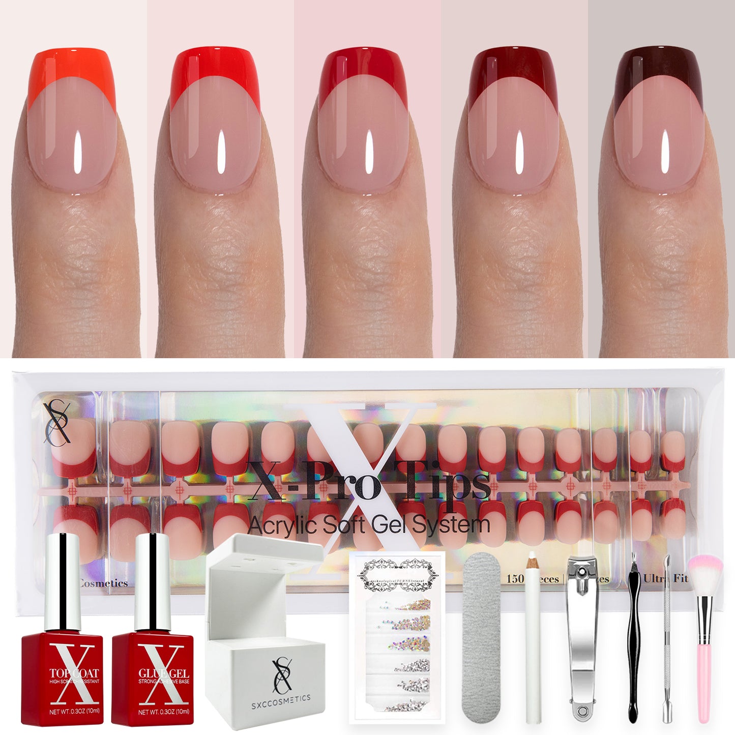 SXC Cosmetics X-Pro Tips French Tip Press on Nails – French Red Edition, XS Square Starter Kit
