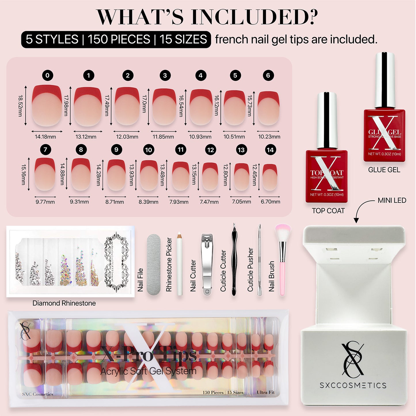 SXC Cosmetics X-Pro Tips French Tip Press on Nails – French Red Edition, XS Square Starter Kit