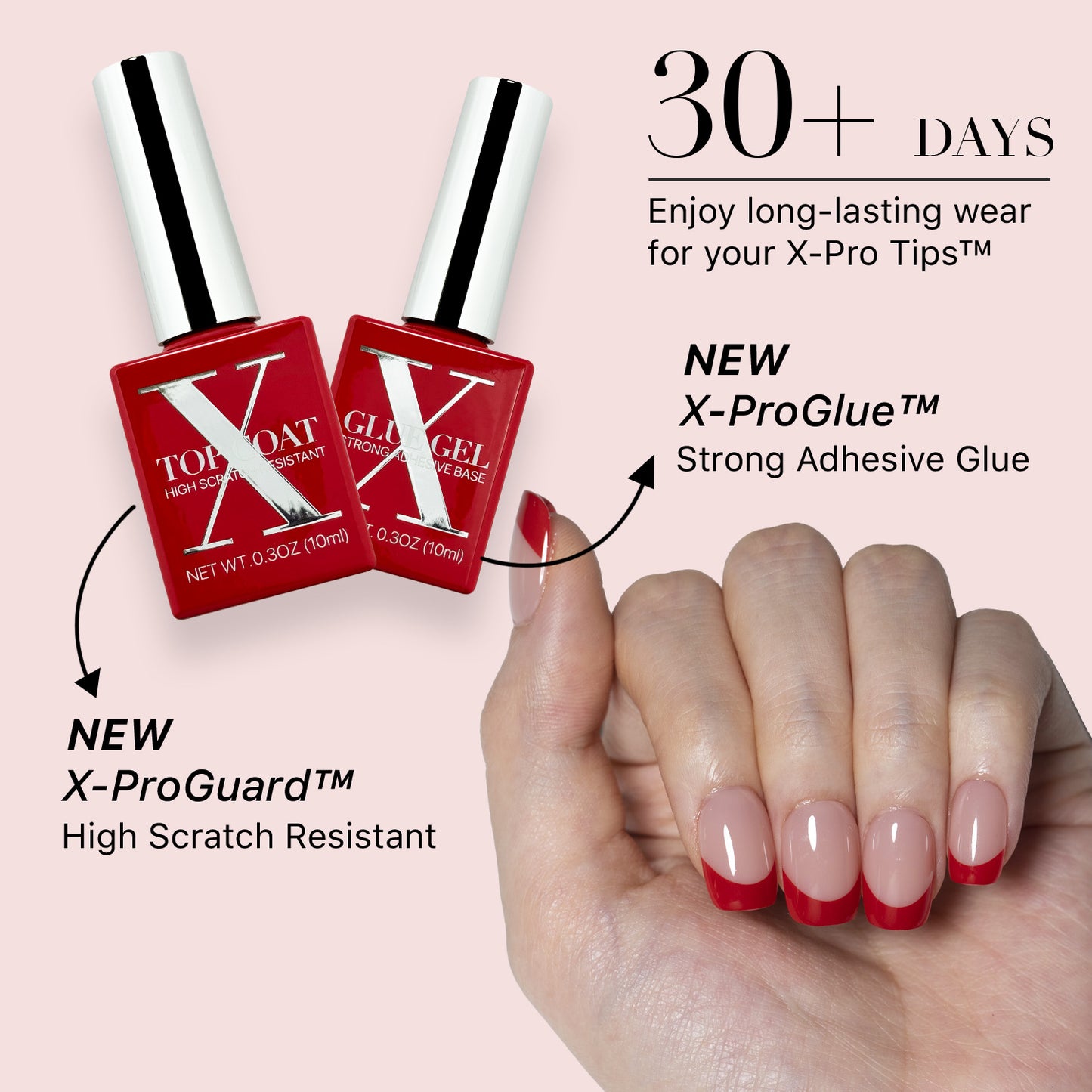 SXC Cosmetics X-Pro Tips French Tip Press on Nails – French Red Edition, XS Square Starter Kit