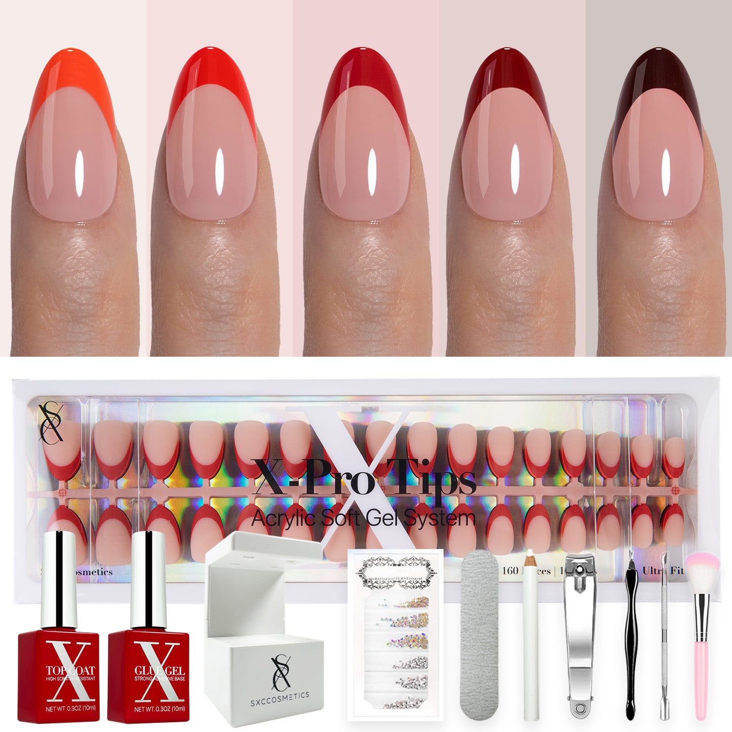 SXC Cosmetics X-Pro Tips French Tip Press on Nails – French Red Edition, Short Almond Starter Kit