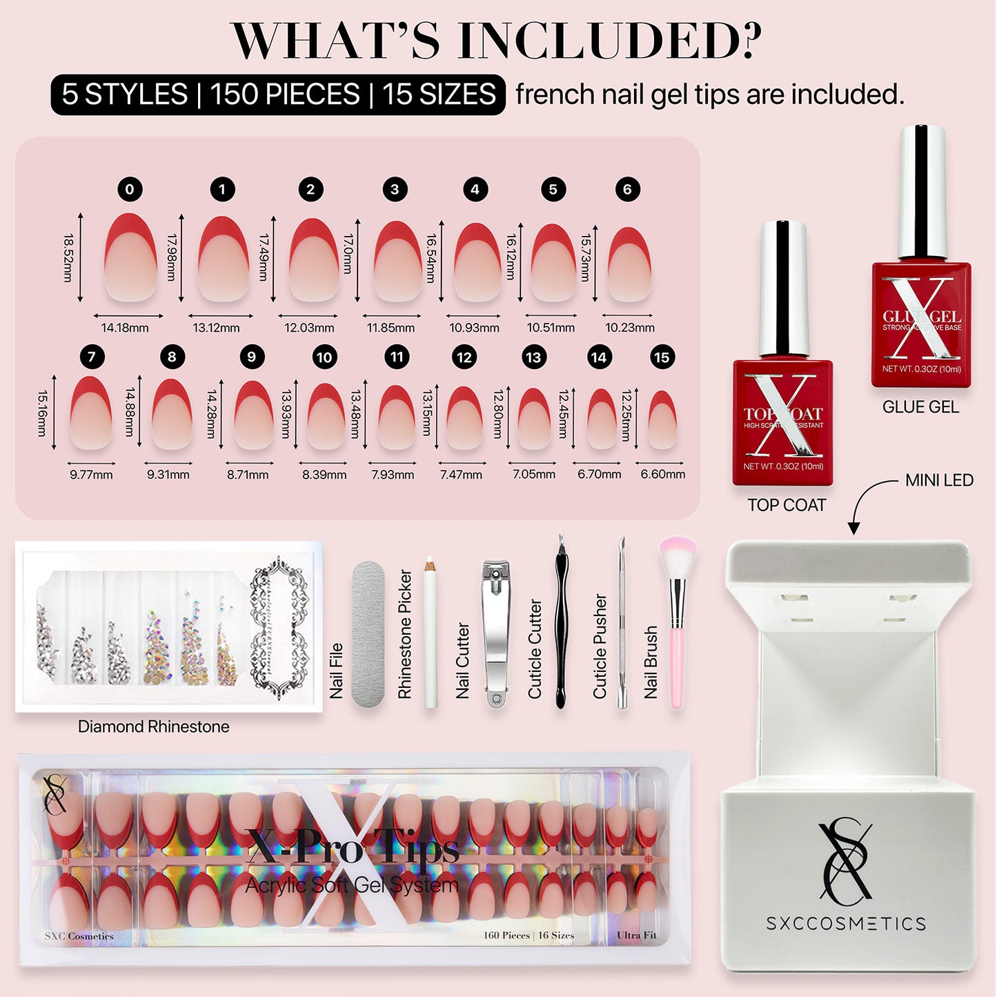 SXC Cosmetics X-Pro Tips French Tip Press on Nails – French Red Edition, Short Almond Starter Kit
