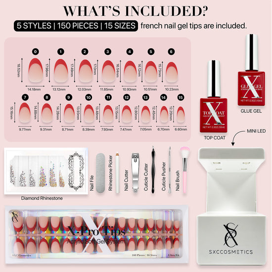 SXC Cosmetics X-Pro Tips French Tip Press on Nails – French Red Edition, Short Almond Starter Kit