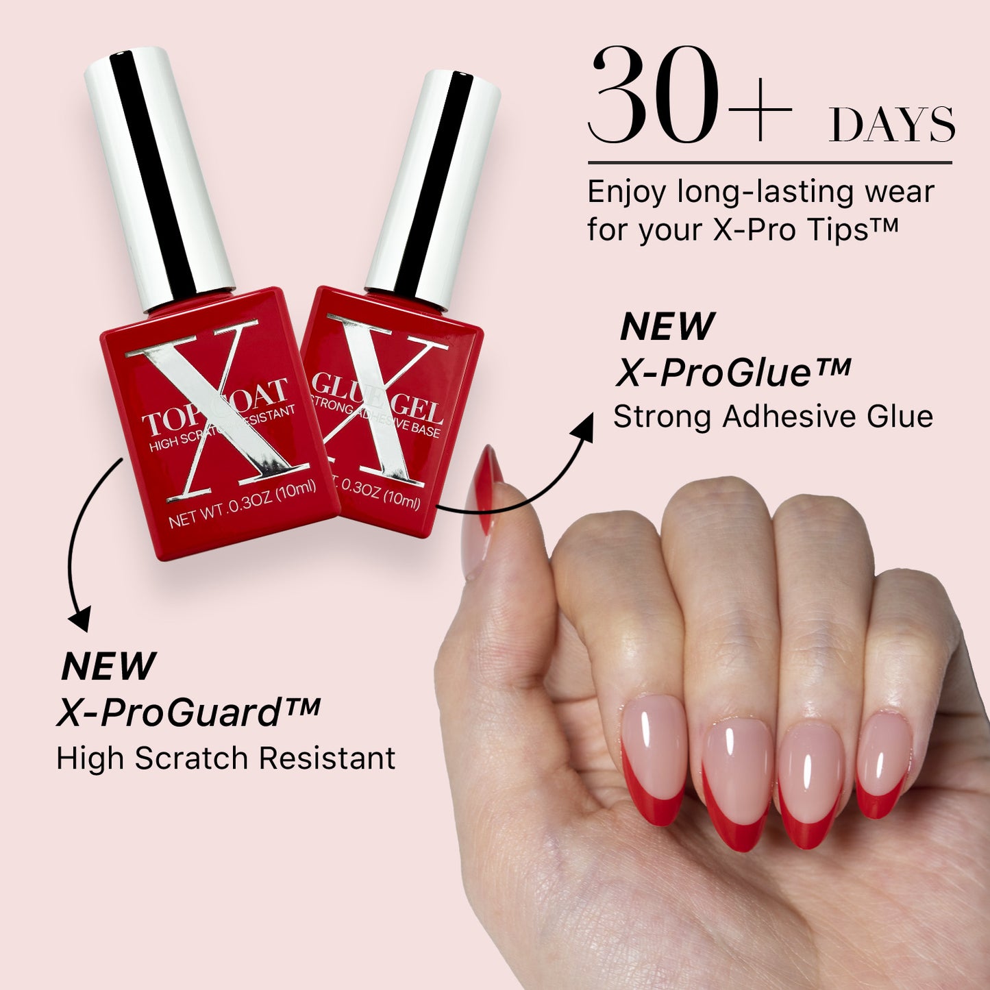 SXC Cosmetics X-Pro Tips French Tip Press on Nails – French Red Edition, Short Almond Starter Kit