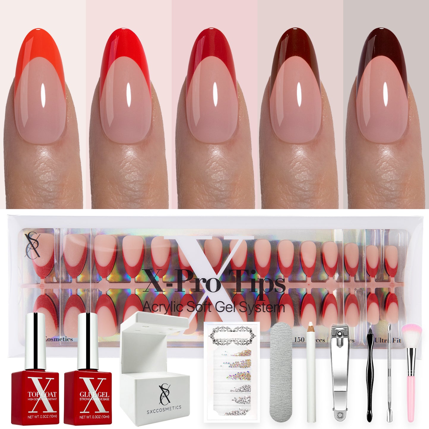 SXC Cosmetics X-Pro Tips French Tip Press on Nails – French Red Edition, Medium Almond Starter Kit