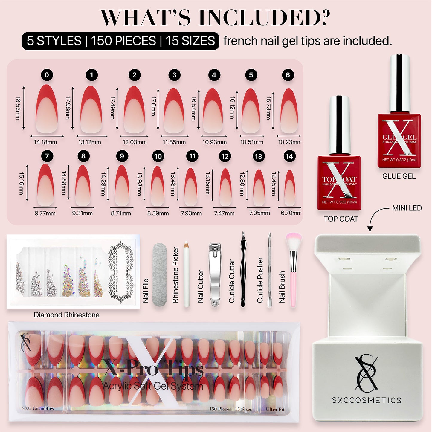 SXC Cosmetics X-Pro Tips French Tip Press on Nails – French Red Edition, Medium Almond Starter Kit