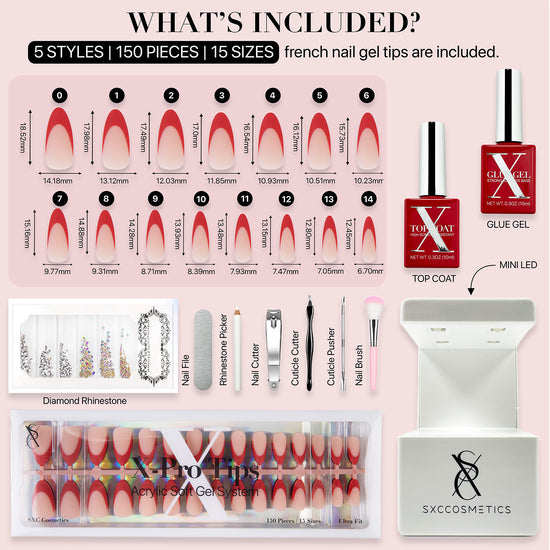 SXC Cosmetics X-Pro Tips French Tip Press on Nails – French Red Edition, Medium Almond Starter Kit
