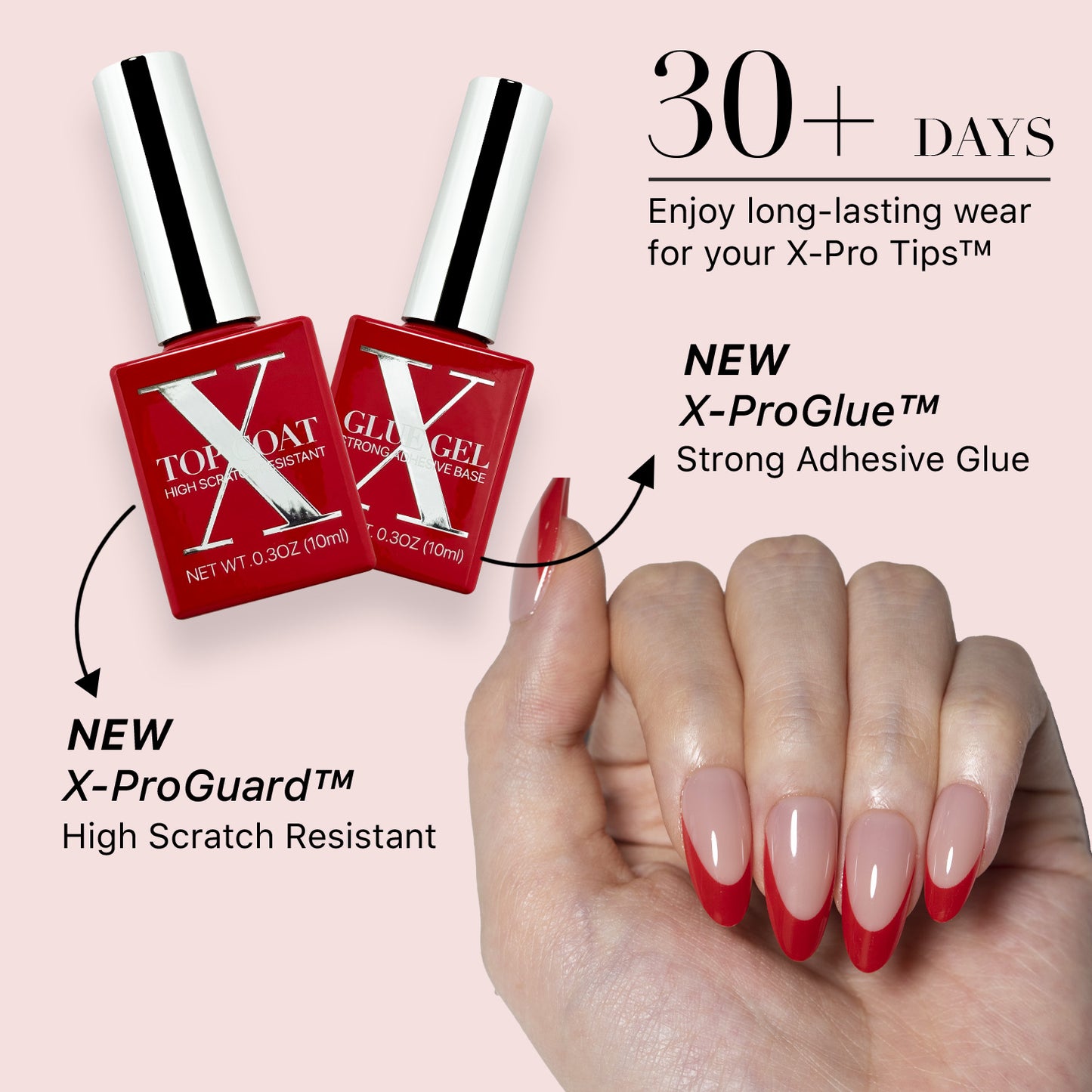 SXC Cosmetics X-Pro Tips French Tip Press on Nails – French Red Edition, Medium Almond Starter Kit