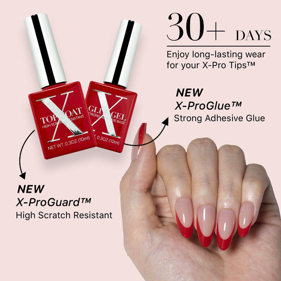 SXC Cosmetics X-Pro Tips French Tip Press on Nails – French Red Edition, Medium Almond Starter Kit