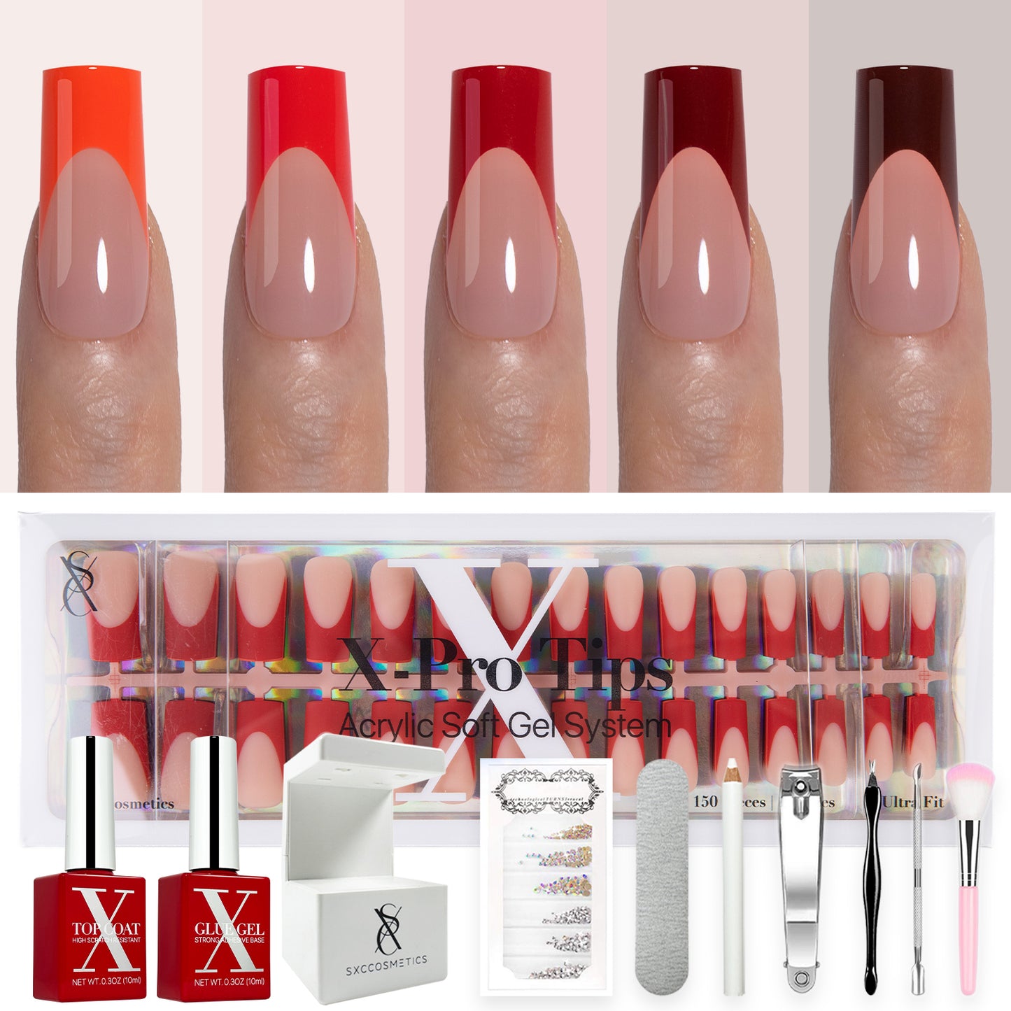 SXC Cosmetics X-Pro Tips French Tip Press on Nails – French Red Edition, Medium Square Starter Kit
