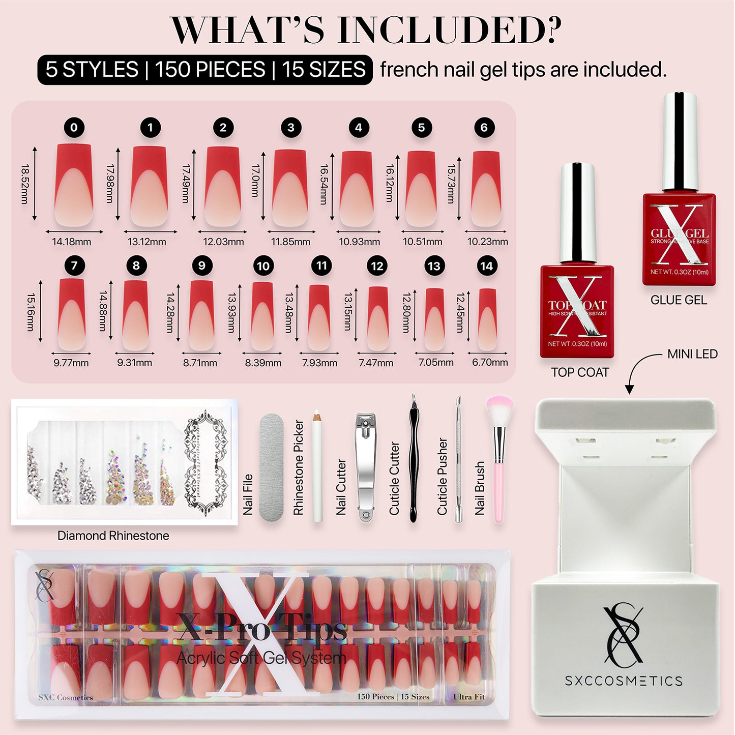 SXC Cosmetics X-Pro Tips French Tip Press on Nails – French Red Edition, Medium Square Starter Kit