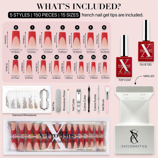 SXC Cosmetics X-Pro Tips French Tip Press on Nails – French Red Edition, Medium Square Starter Kit