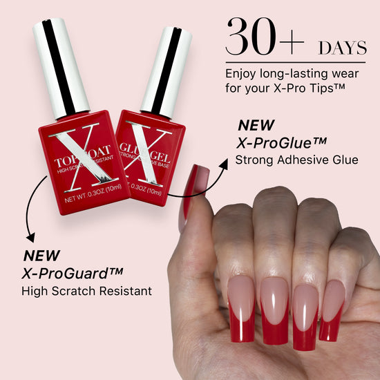 SXC Cosmetics X-Pro Tips French Tip Press on Nails – French Red Edition, Medium Square Starter Kit