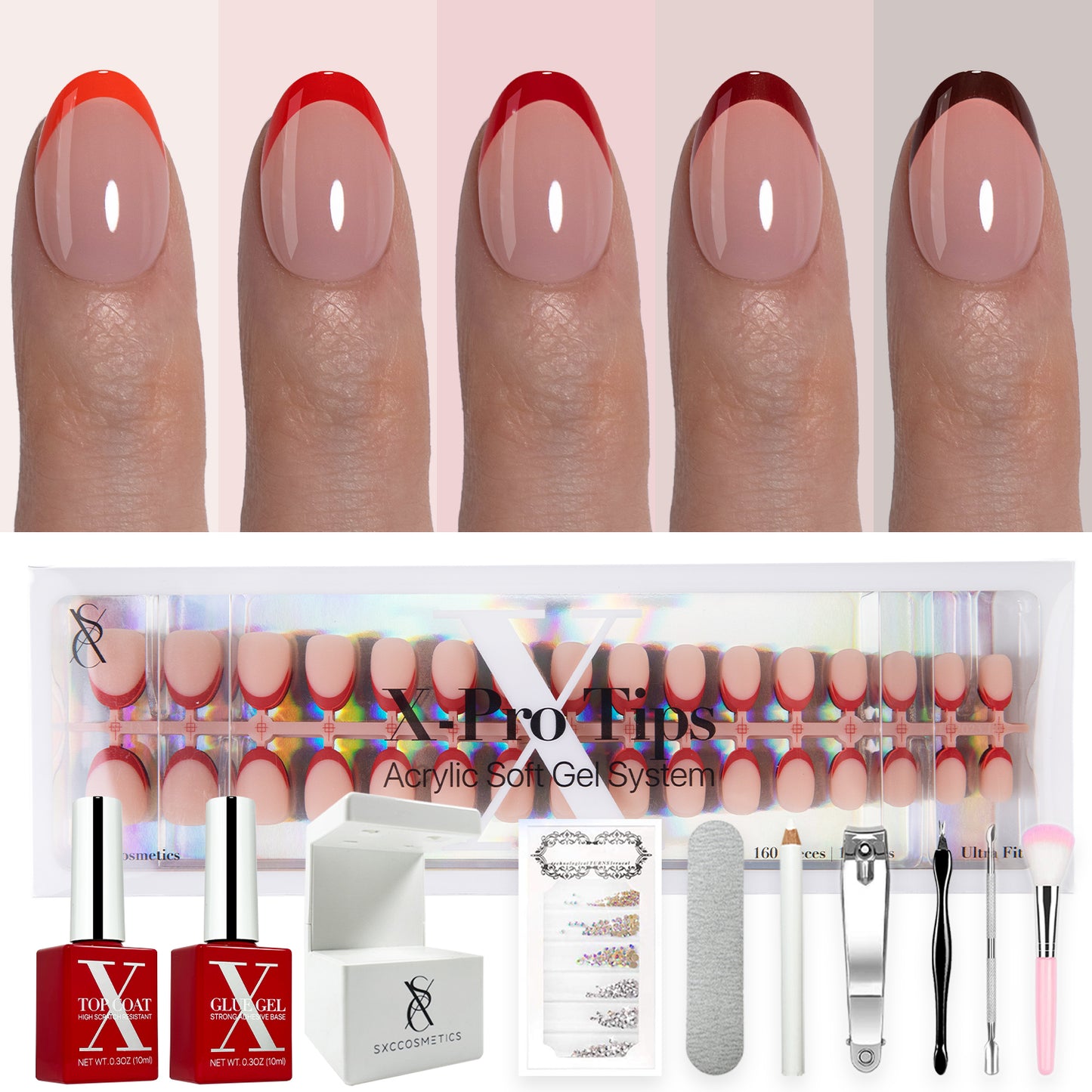 SXC Cosmetics X-Pro Tips French Tip Press on Nails – French Red Edition, XS Almond Starter Kit
